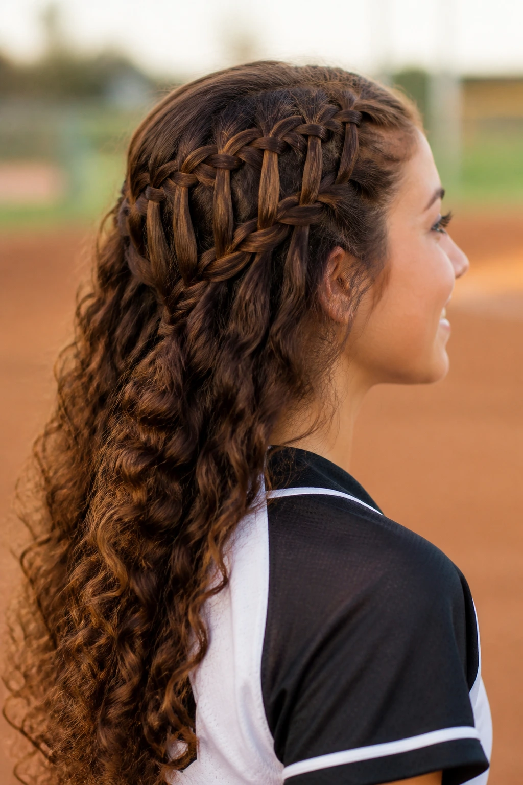 Close-up of a real athlete with Waterfall Braid Half-Up showing crown braid and flowing curls