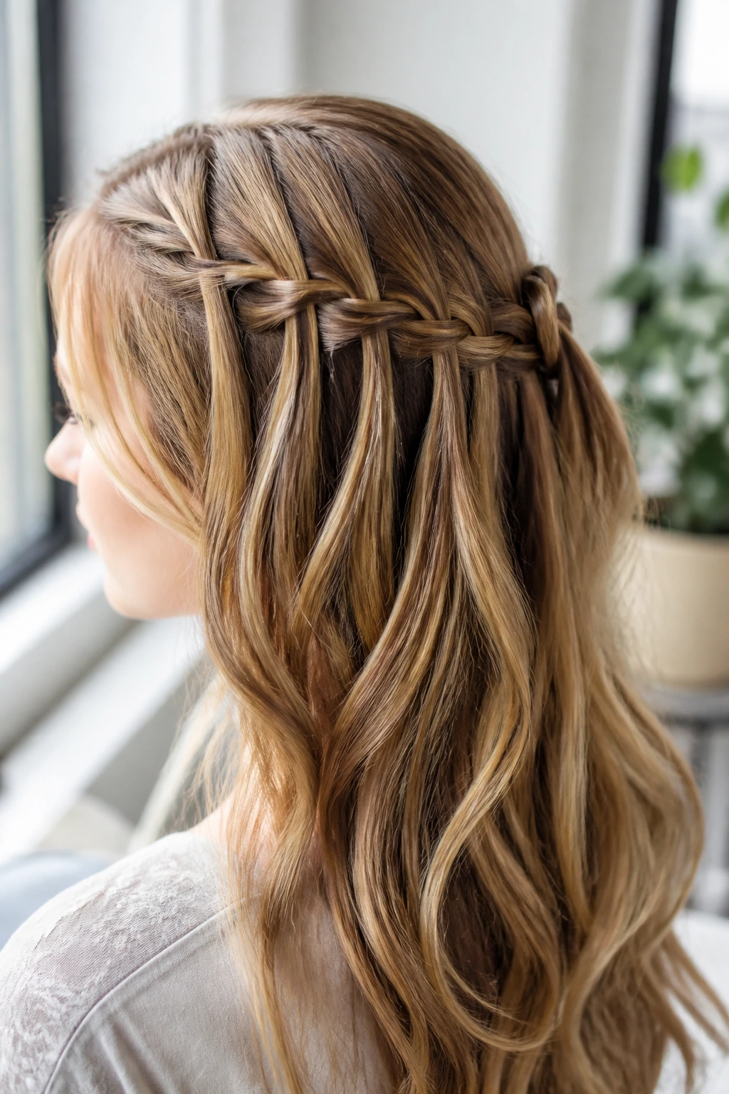 Close-up of a real woman with a waterfall braid half-up on the side/back