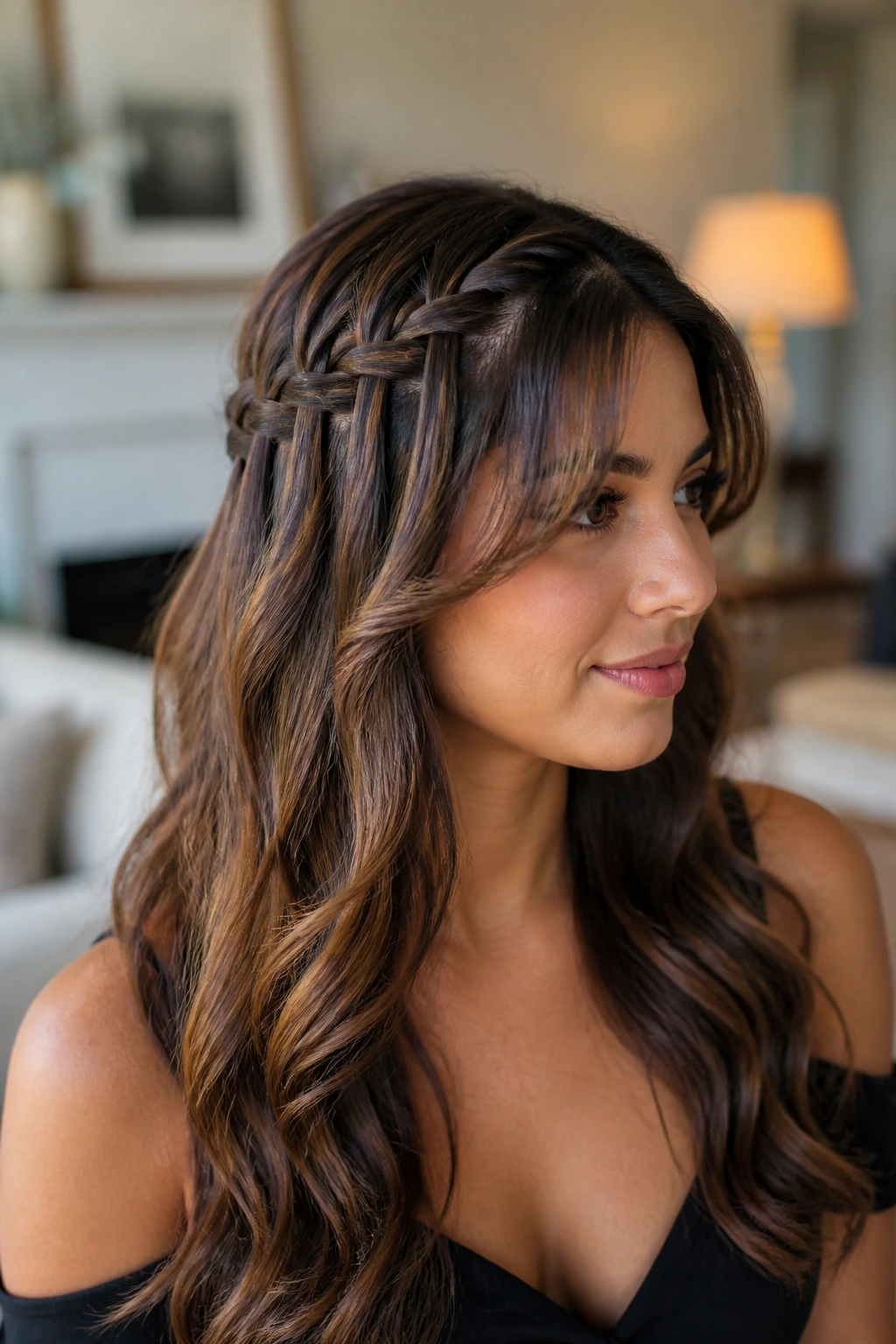 Close-up of a woman with a waterfall braid half-up and curtain bangs