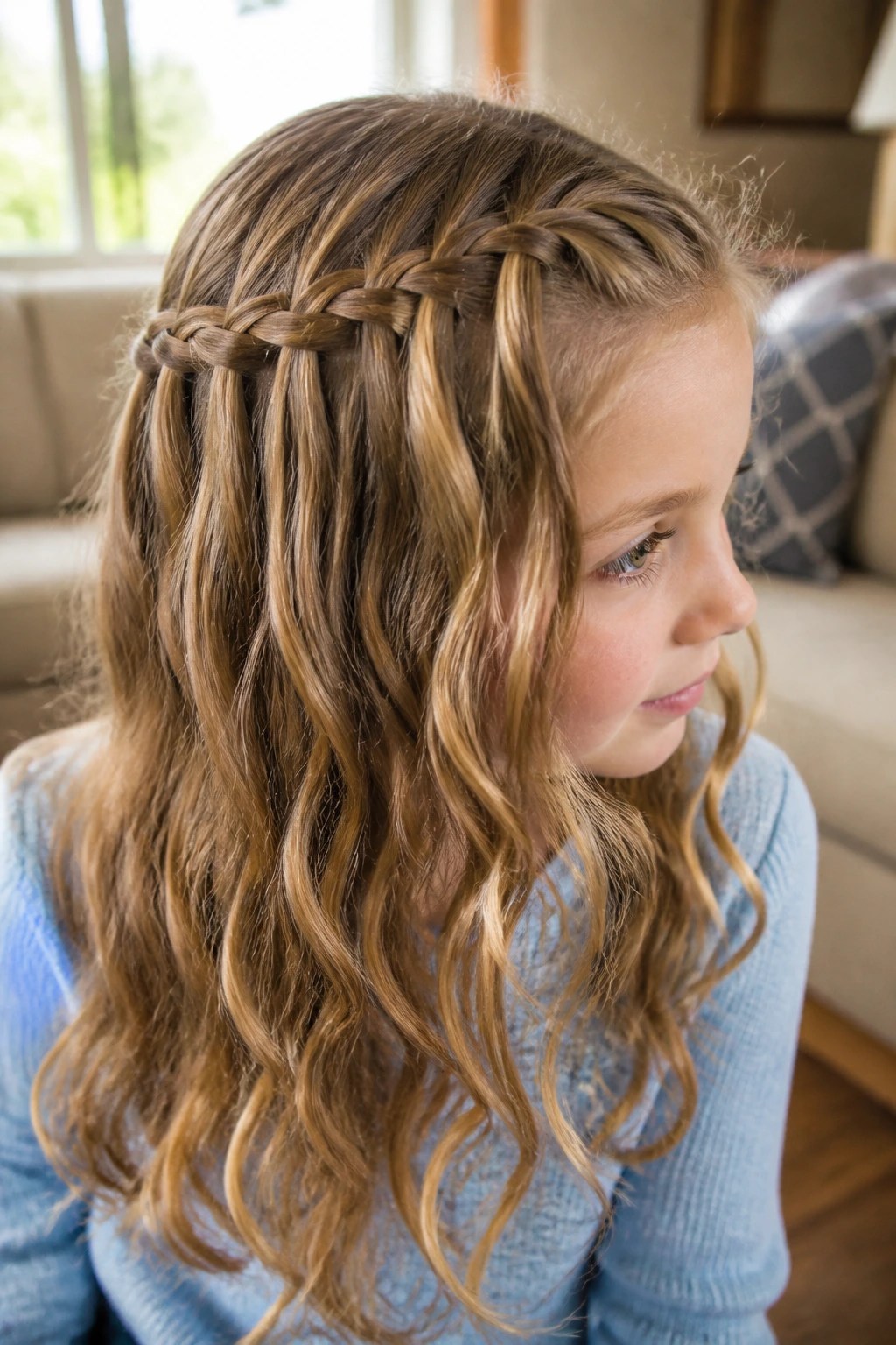 Close-up of child with waterfall braid and loose waves