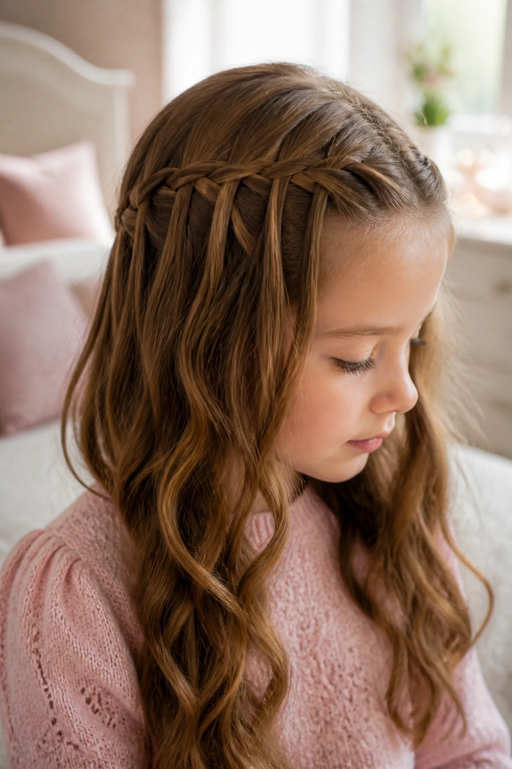Close-up of a real child with a waterfall braid on wavy hair in a cozy bedroom