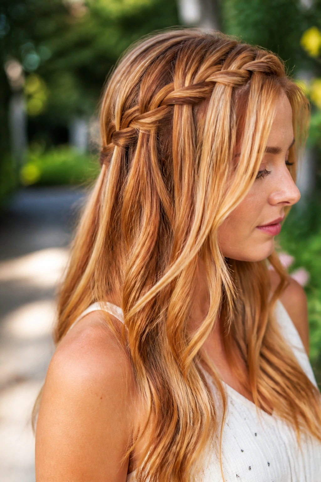 Close-up of a woman with a waterfall braid on long strawberry blonde hair