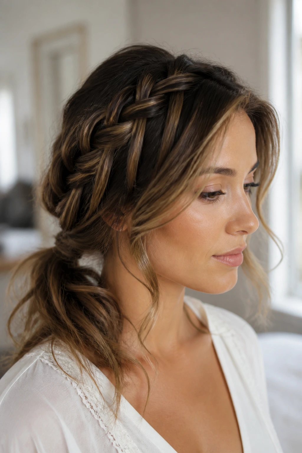 Real woman with loose waterfall braid in soft light.
