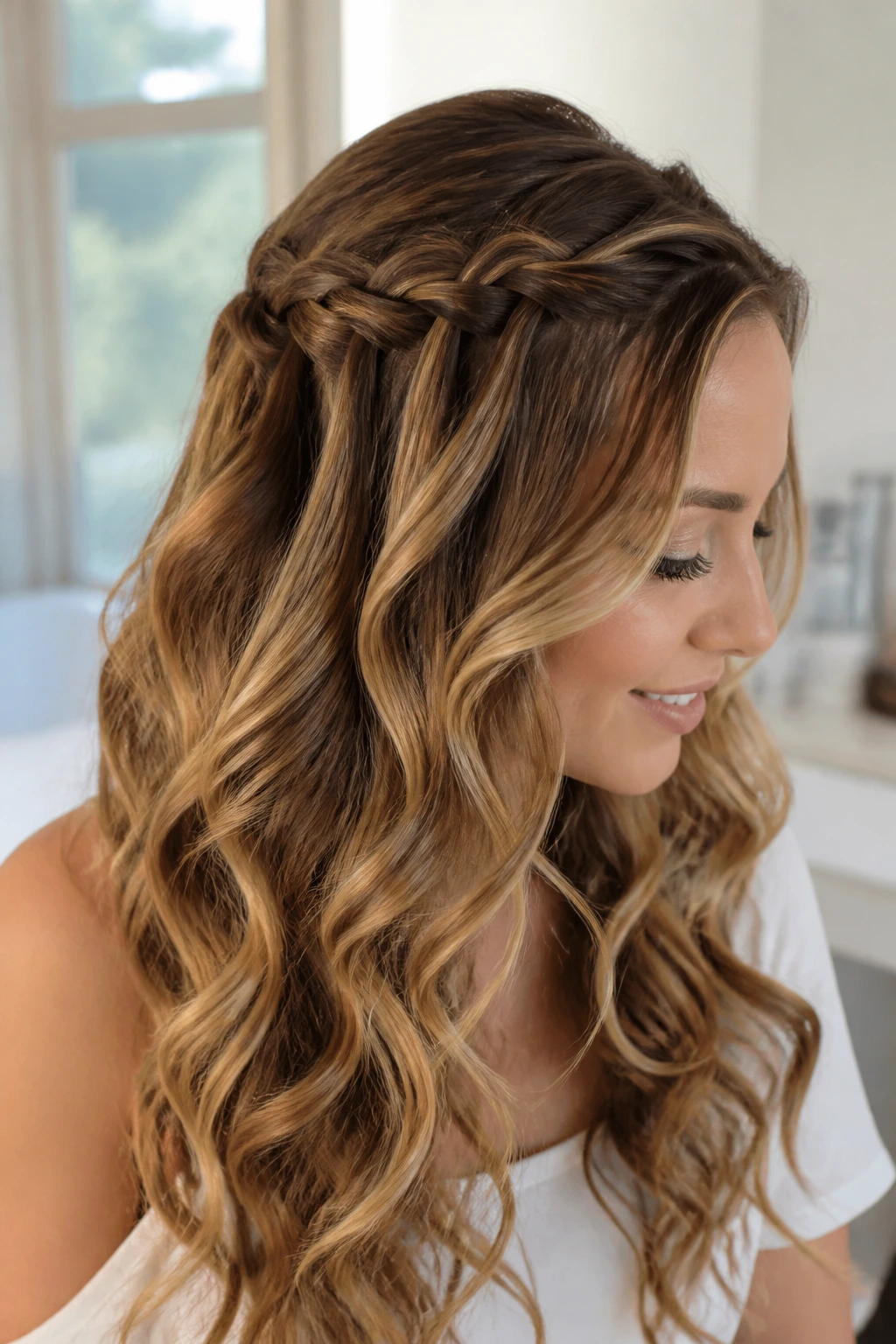 Close-up portrait of a real woman with a waterfall braid and loose curls