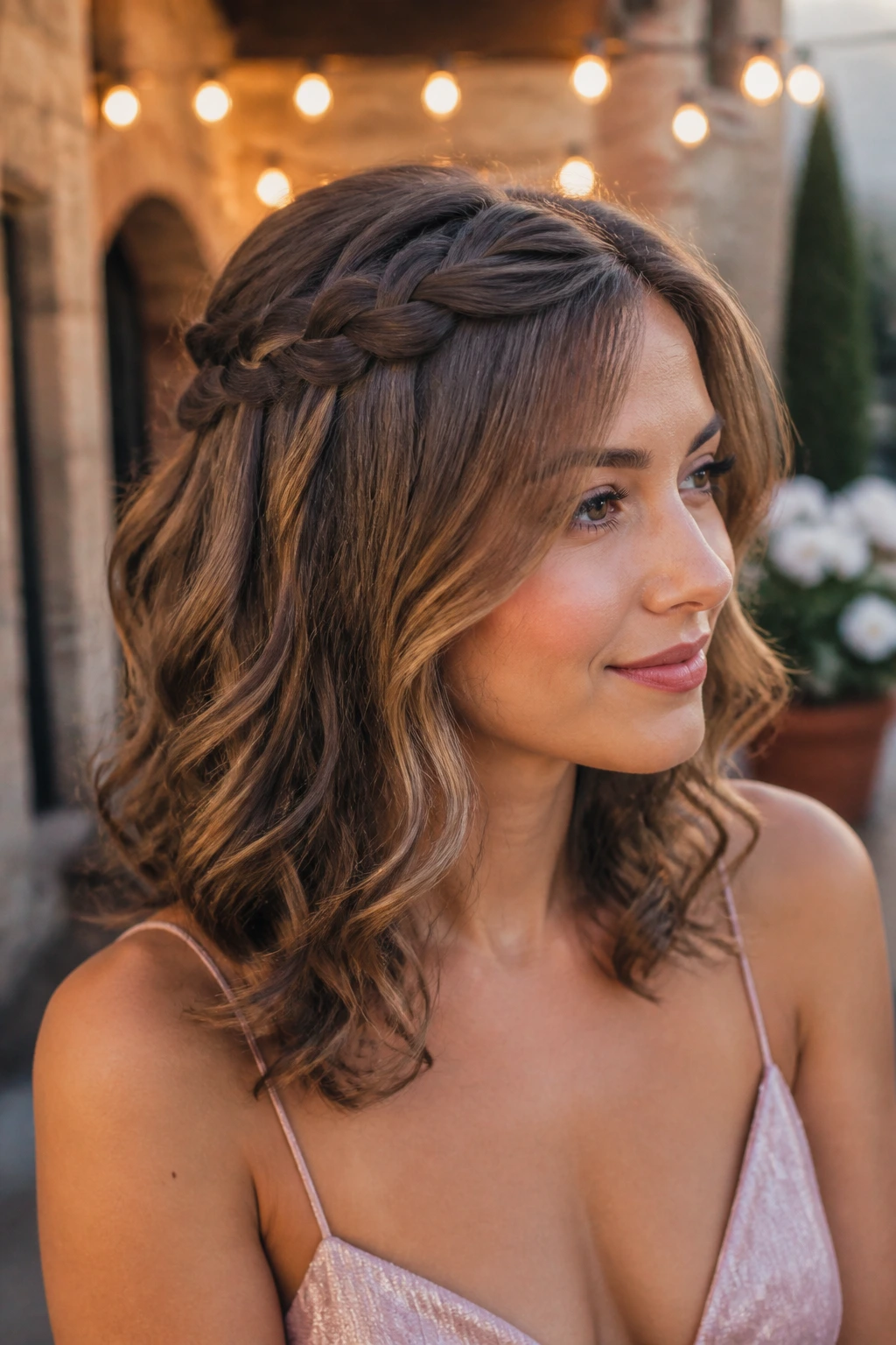 Real woman with waterfall braid flowing into loose curls