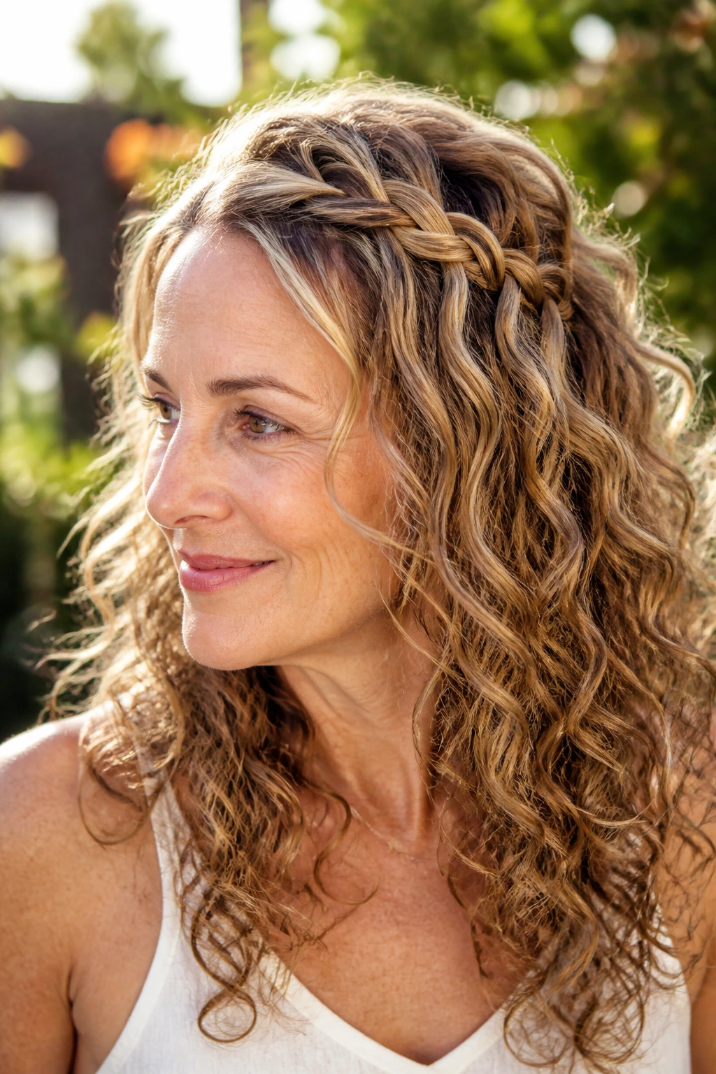 Portrait of a woman with waterfall braid and loose curls in a sunlit garden