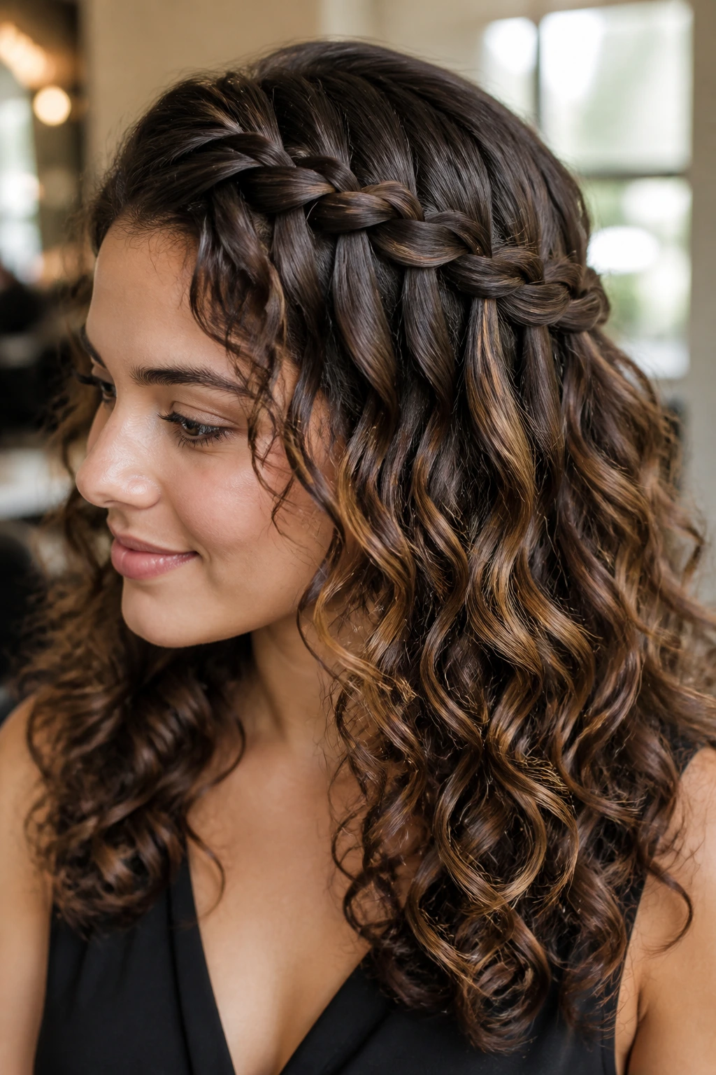 Close-up of a real woman's head with a waterfall braid and loose curls