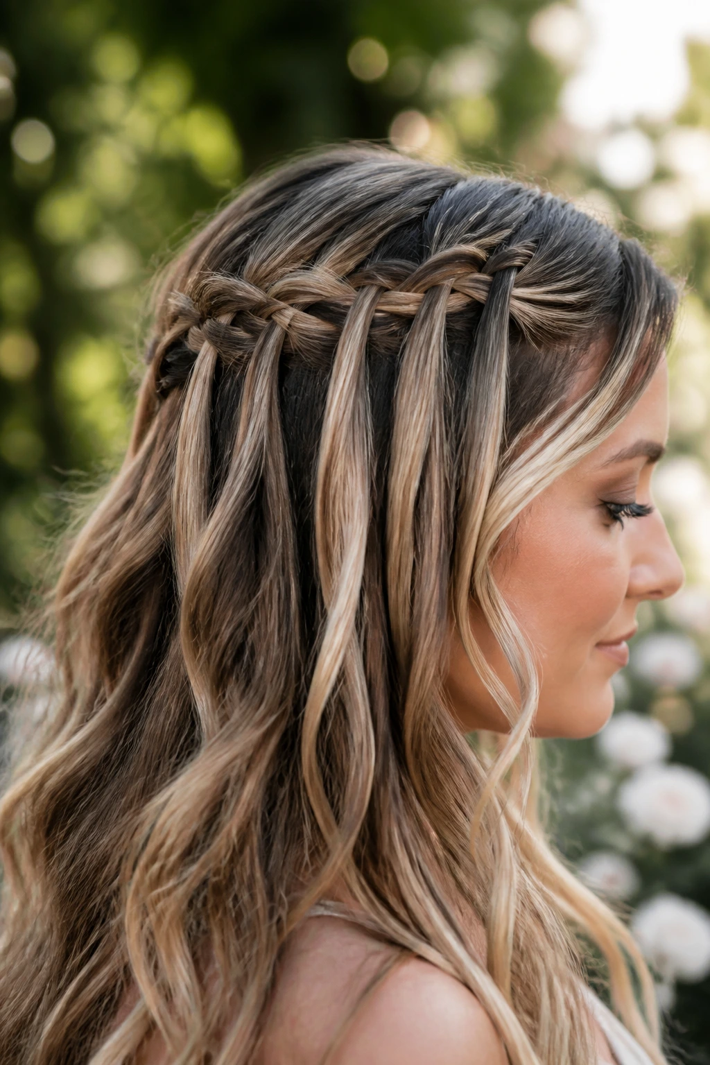 Close-up of waterfall braid over loose lengths on a real woman with highlighted hair