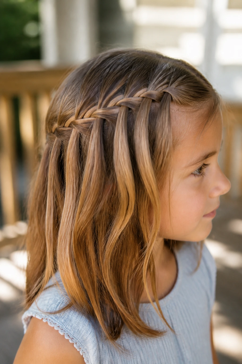 Waterfall braid with loose cascading strands on a real girl's head.