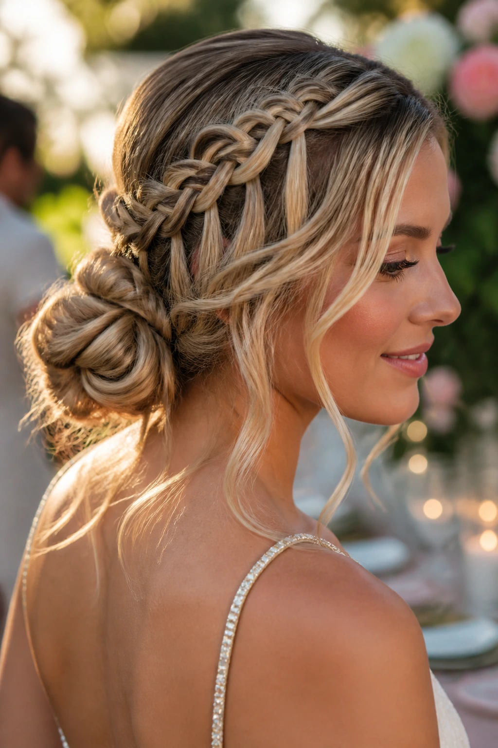 Close-up of a real woman with waterfall braid into a low bun and face-framing money pieces