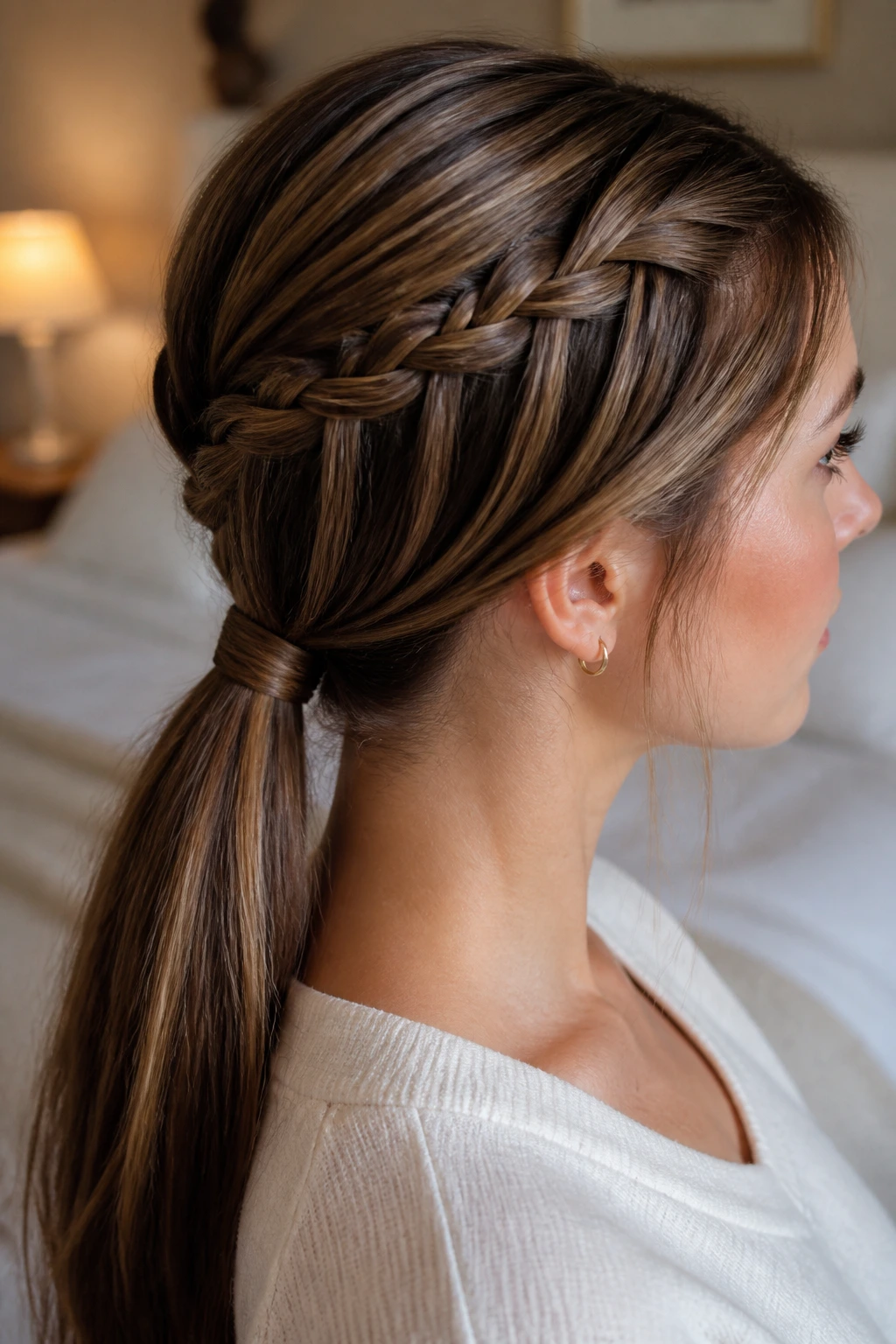 Close-up of a real woman's waterfall braid flowing into a low ponytail with soft natural light