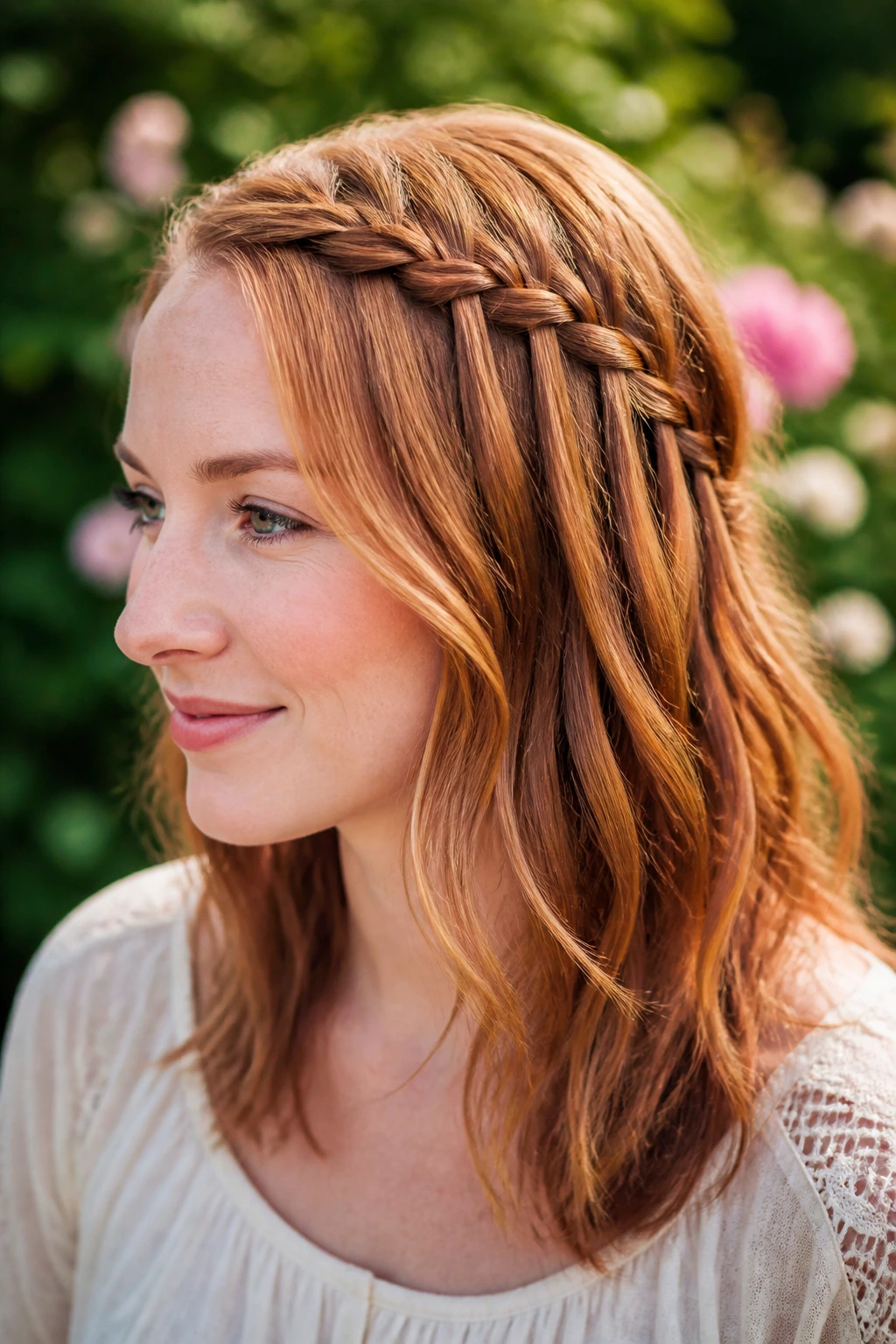 Close-up portrait of a woman with a waterfall braid on mid-length strawberry blonde hair.