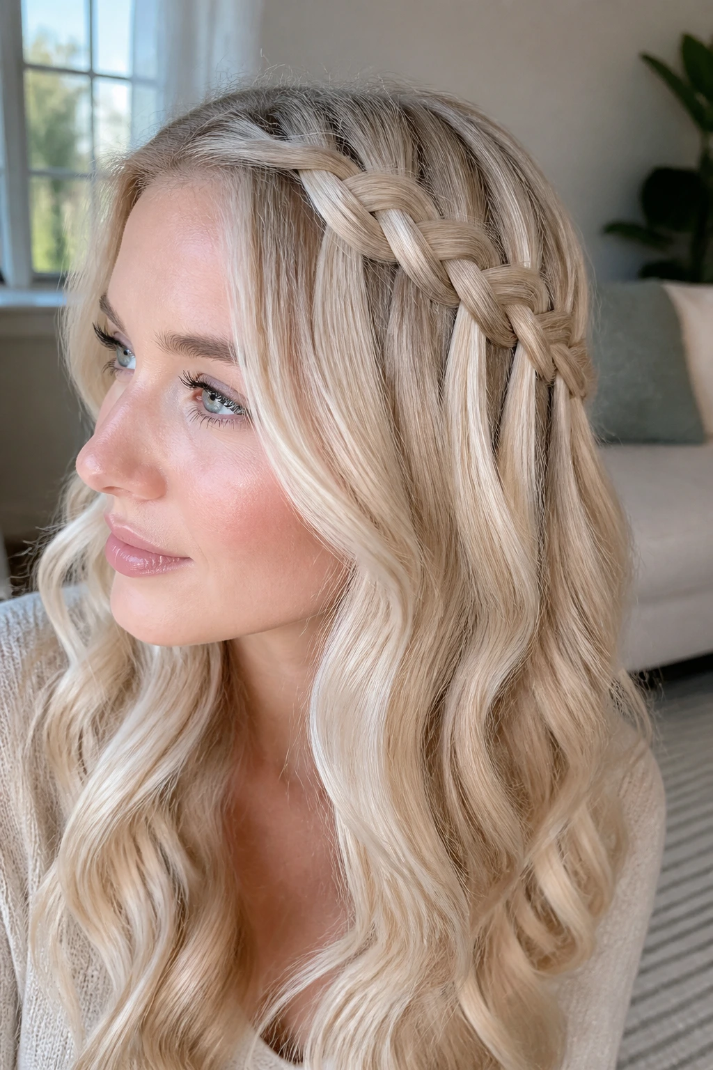Close-up of a real woman with a waterfall braid on pale blonde lengths