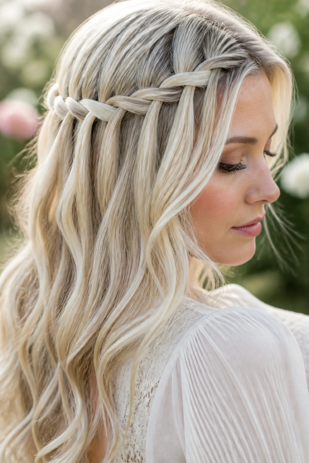 Close-up of a woman with a waterfall braid and platinum shine.