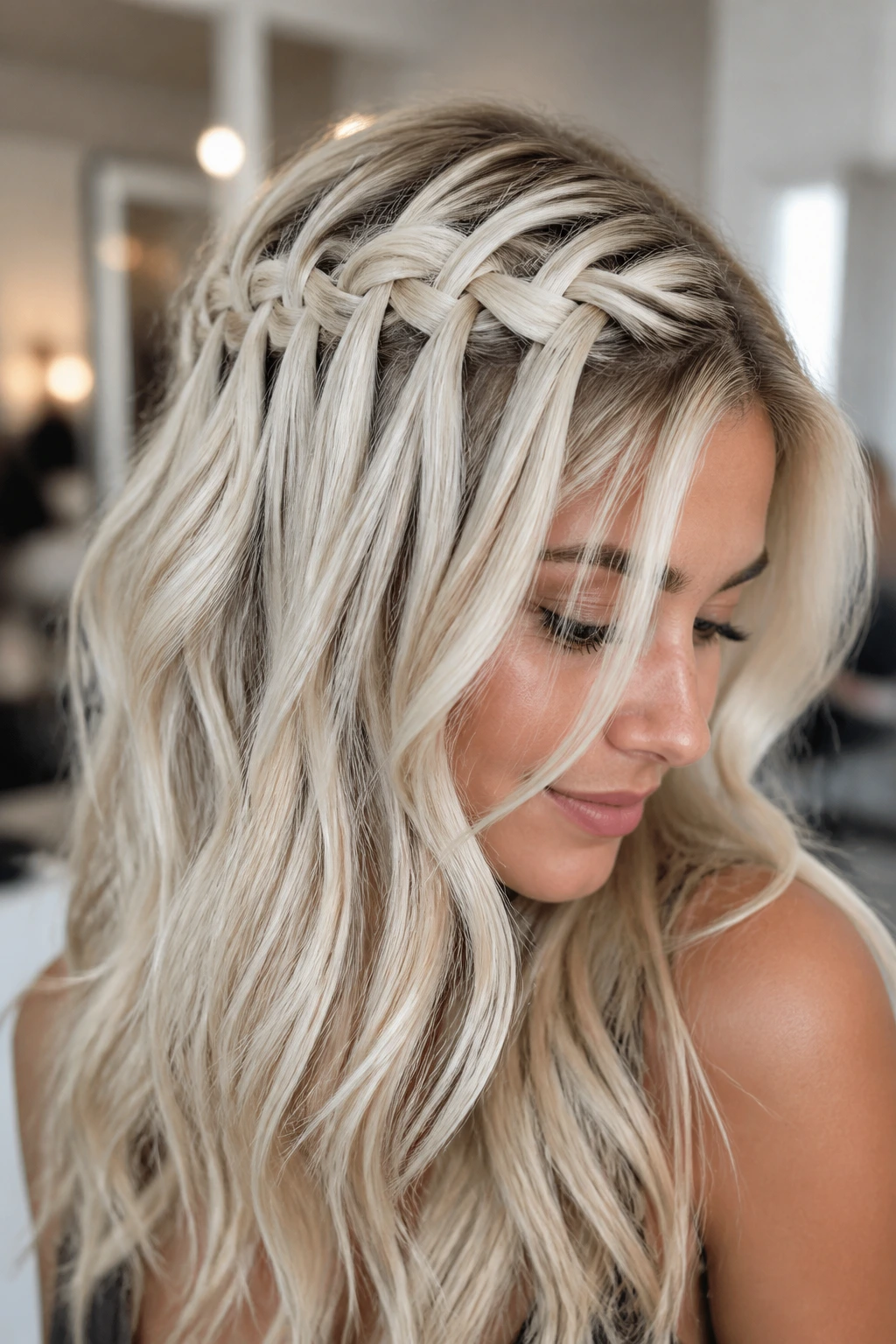 Close-up of a waterfall braid with platinum threads on icy blonde hair