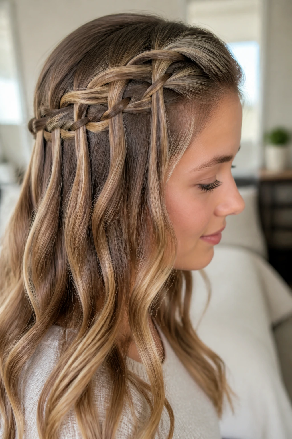 Close-up of a real woman with a waterfall half-up braid in natural light