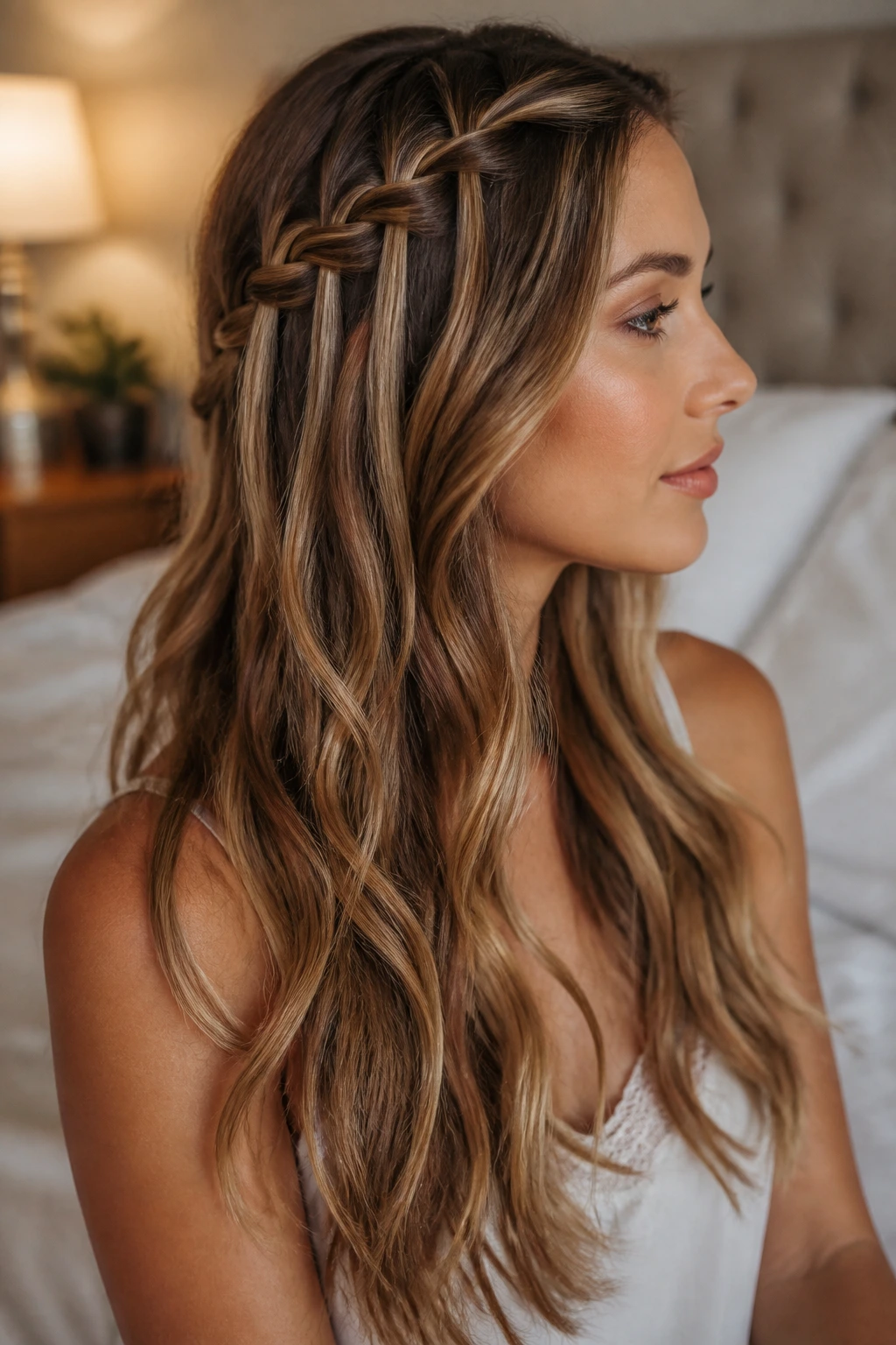 Side profile of a real woman with a waterfall braid and open lengths