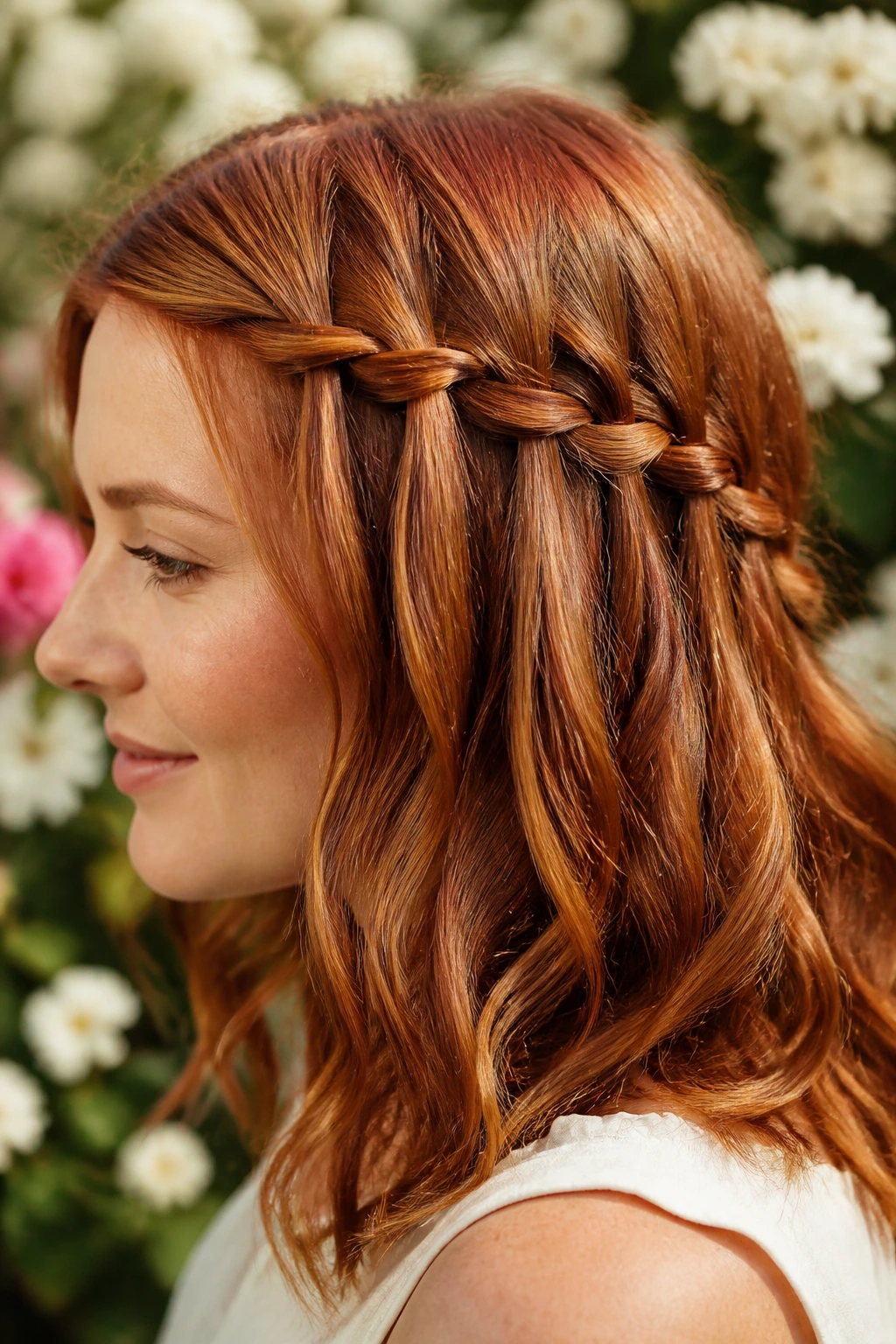 Side profile of a real woman with a waterfall braid on copper-red hair