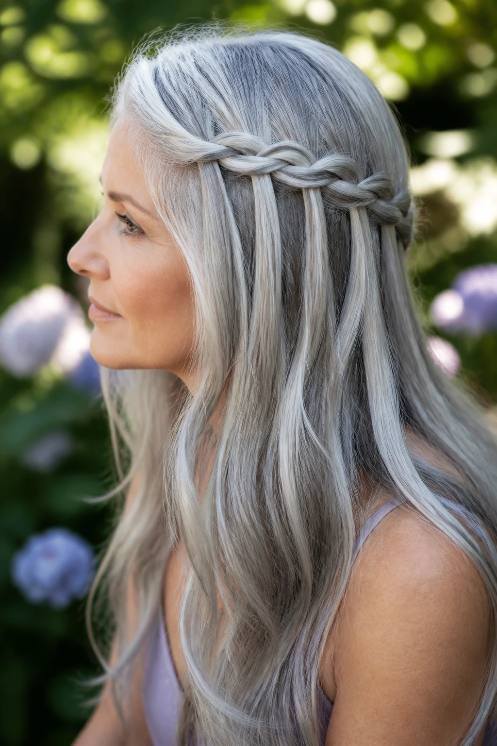 Real person with waterfall braid through long silver hair.