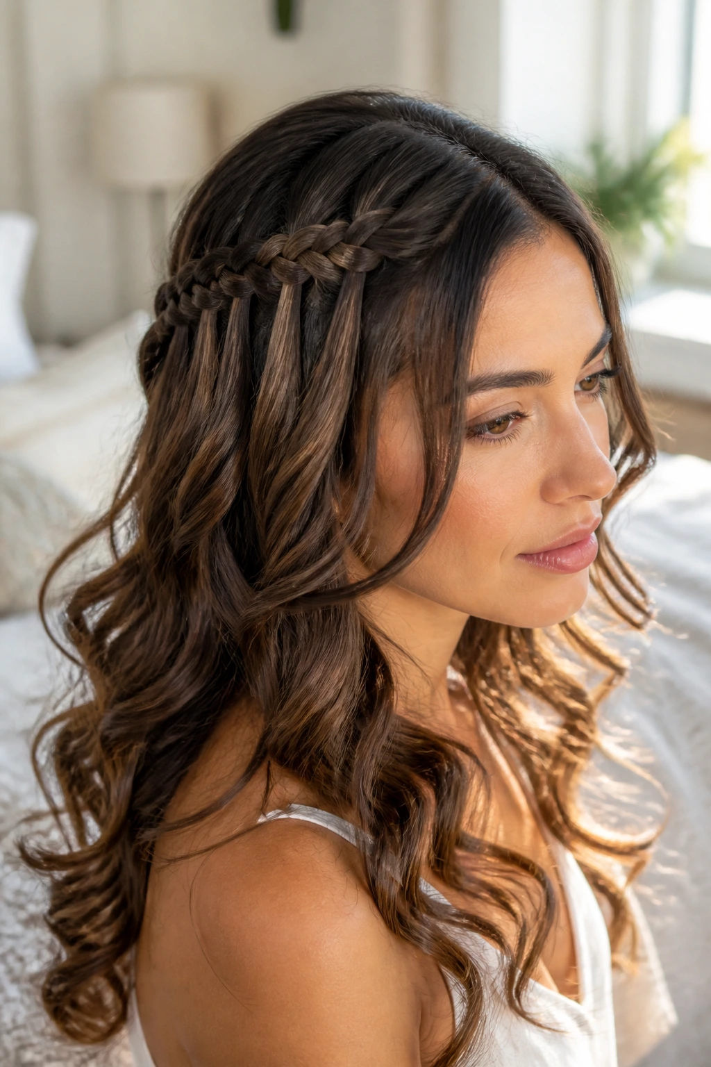 Real woman with waterfall braid over soft curls, portrait with gentle lighting.