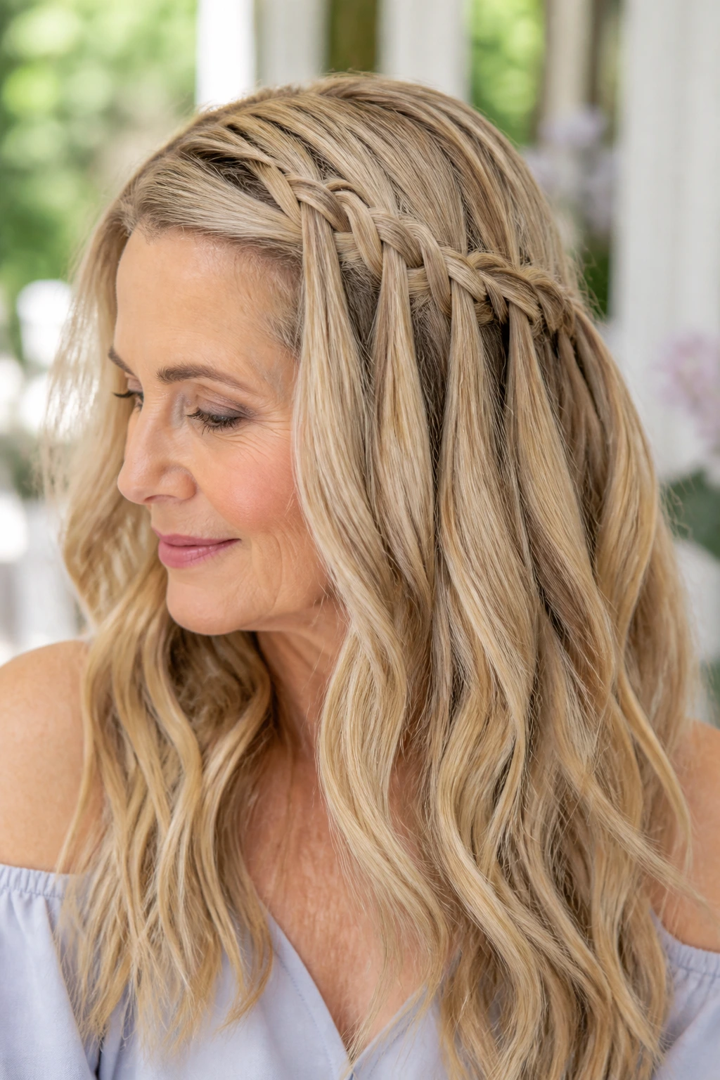 Close-up of a real woman wearing a waterfall braid on thick hair.