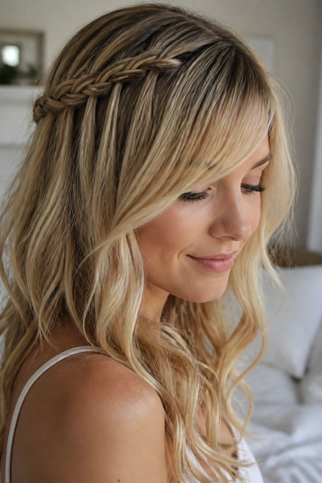 Close-up of a real woman with a waterfall braid on the crown and soft waves.