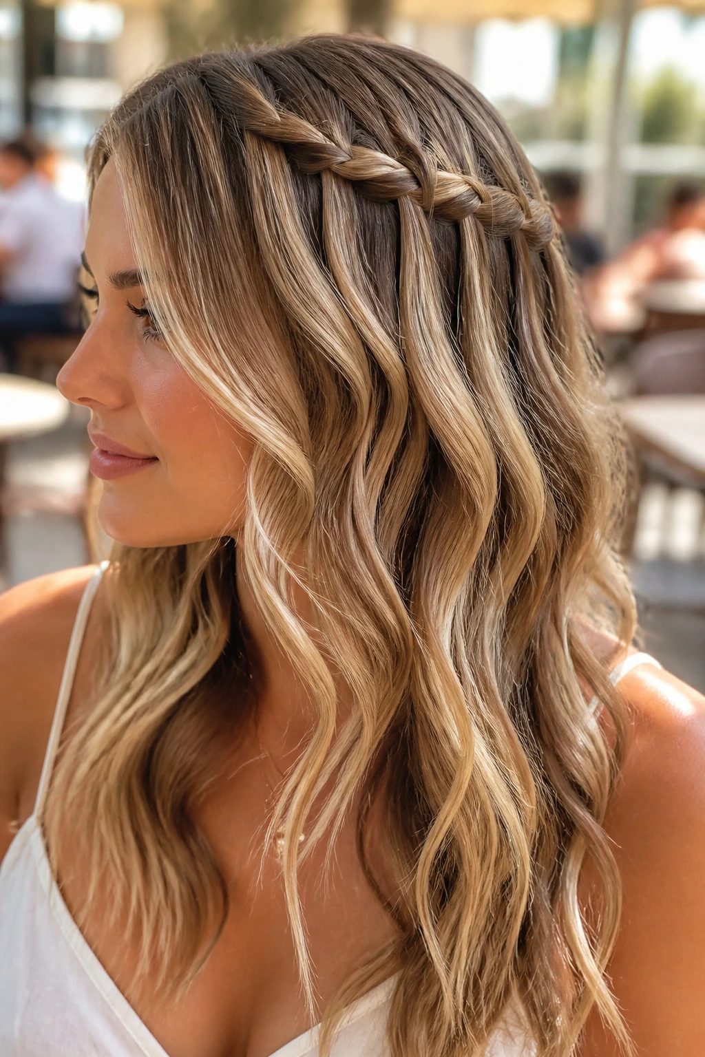Portrait of a woman with a waterfall braid and vanilla babylights