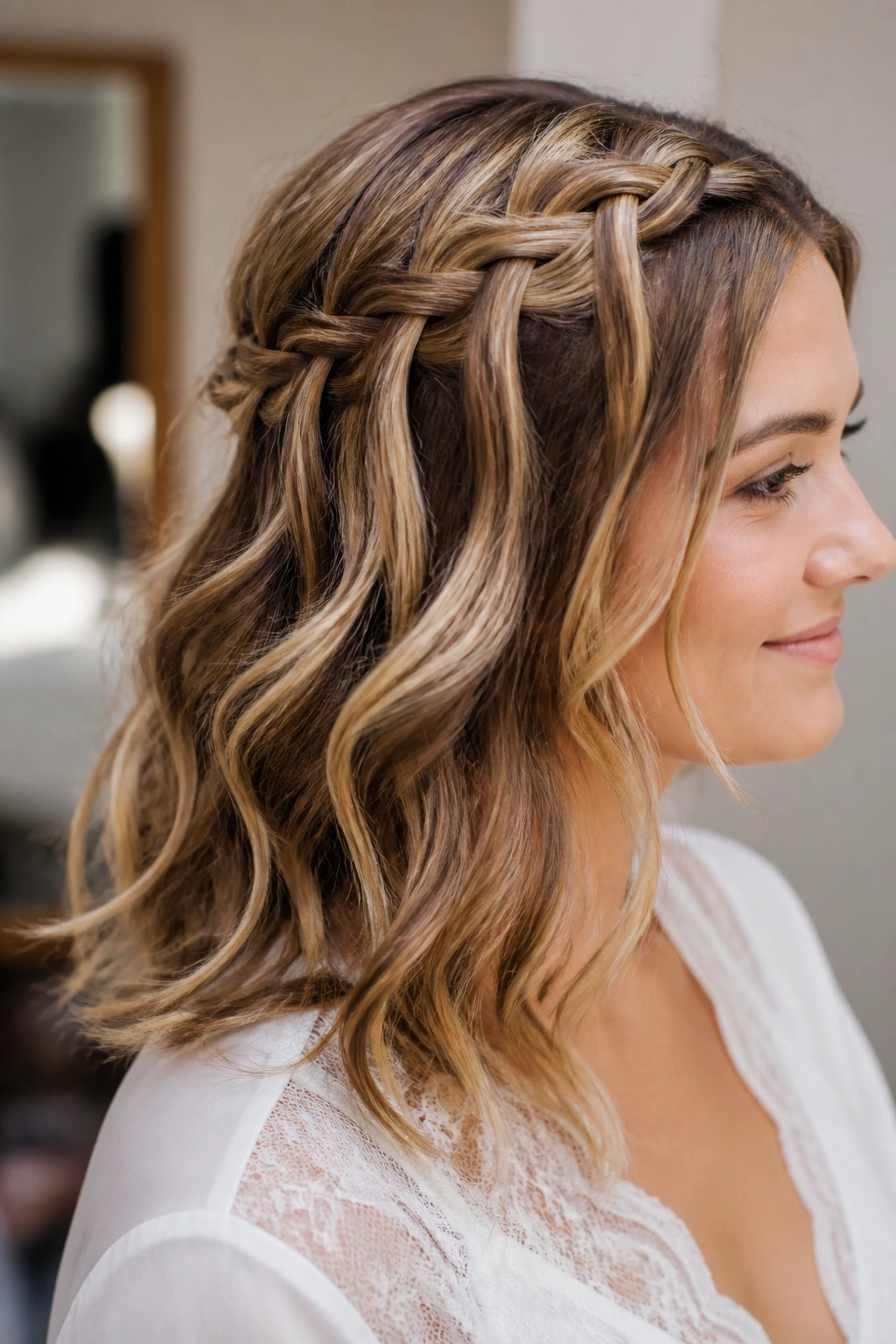 Close-up of real woman with waterfall braid and soft waves.