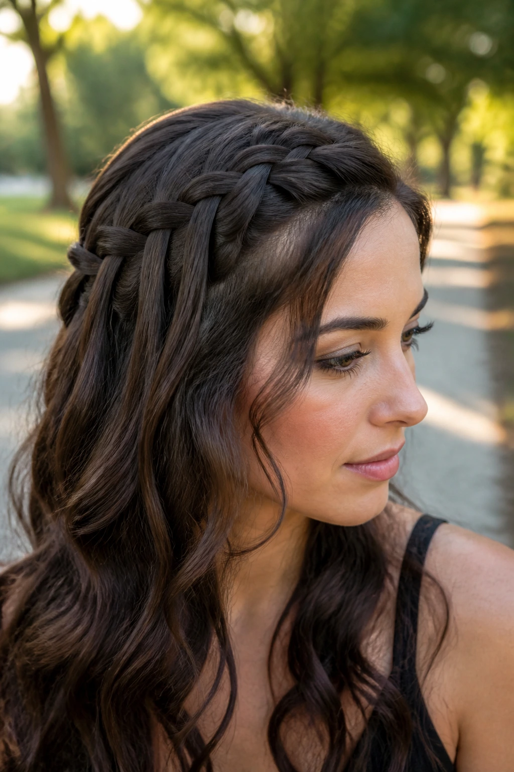Close-up of a real woman with a waterfall braid and controlled waves outdoors.