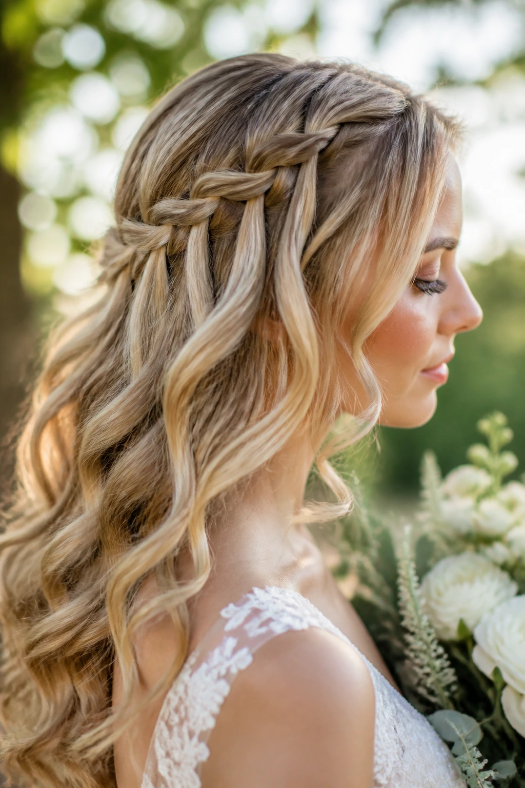 Bride with waterfall braid over loose waves