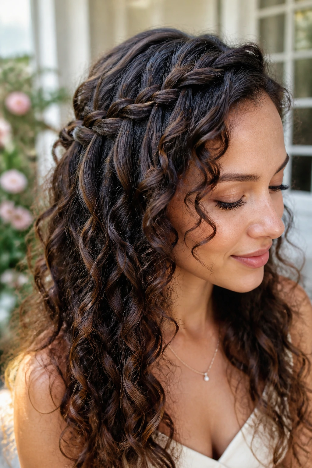Waterfall braid weaving into waves on a real woman's hair