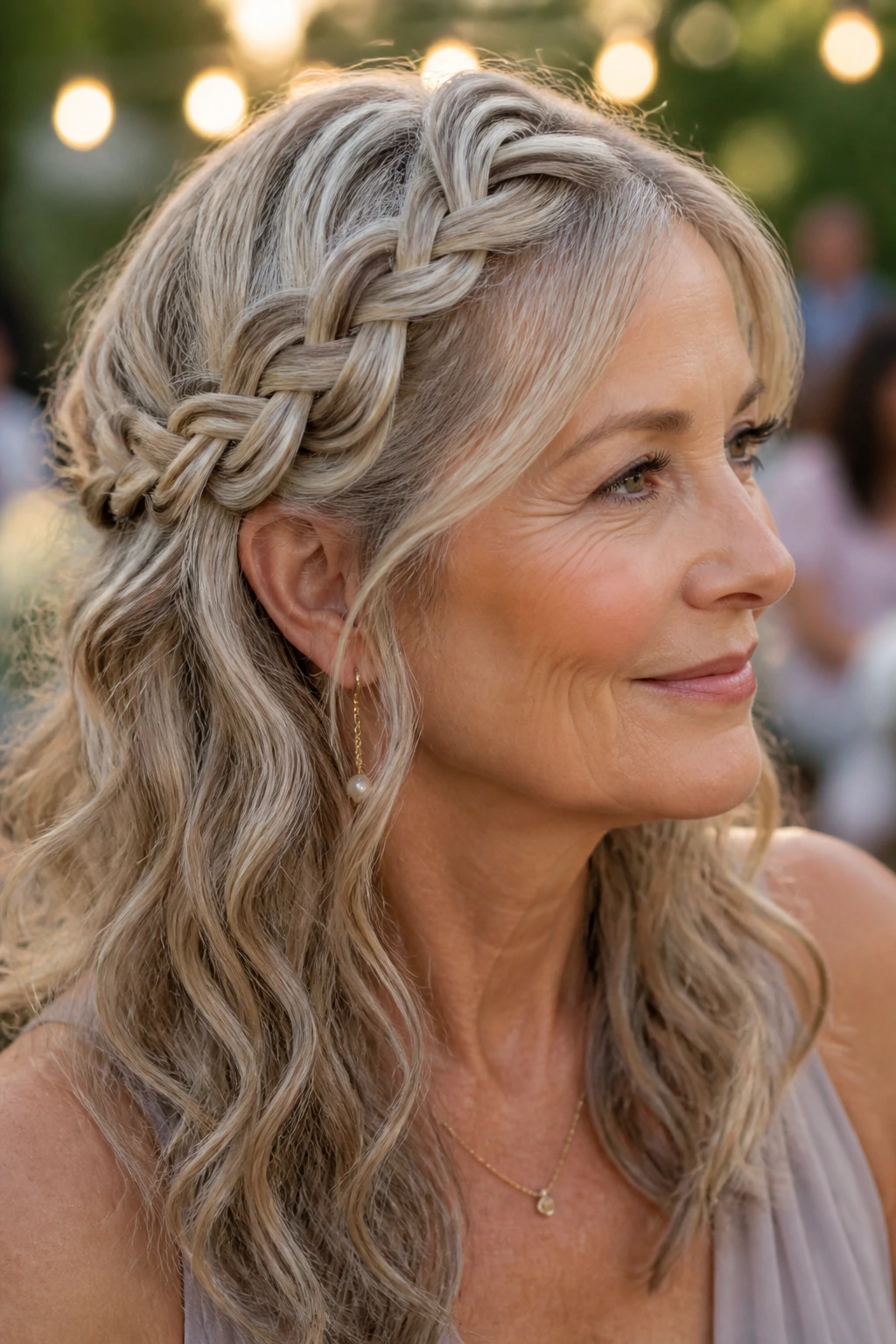 Close-up of a real woman with a loose waterfall braid flowing into waves