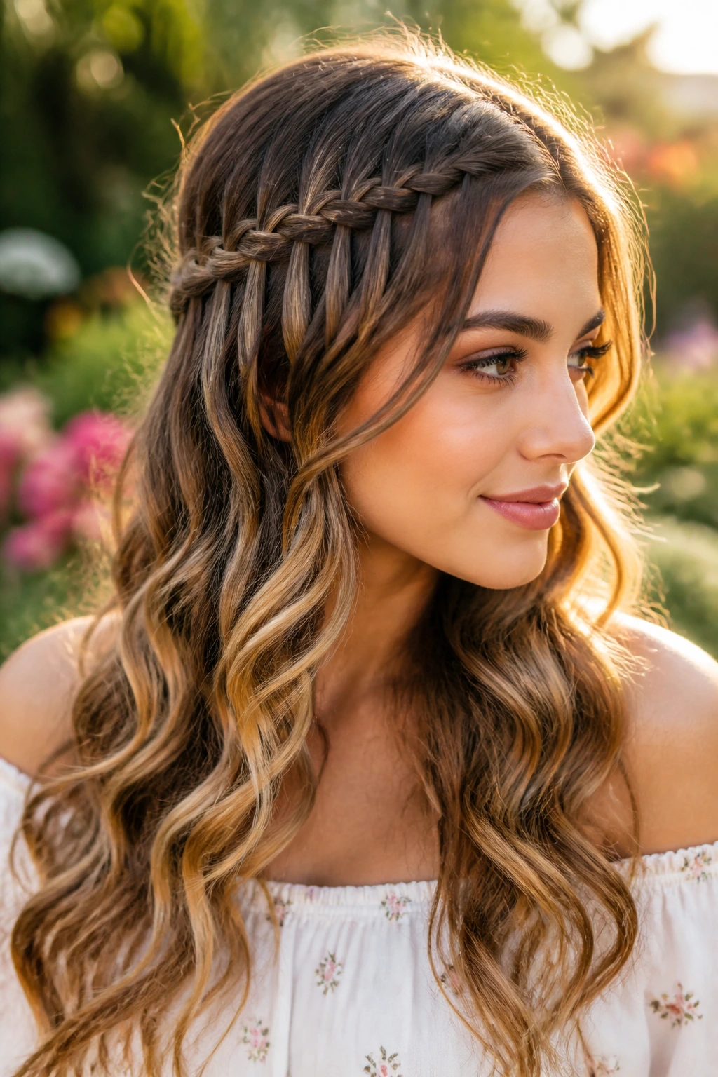 Close-up of a real woman with a high waterfall braid and soft waves.