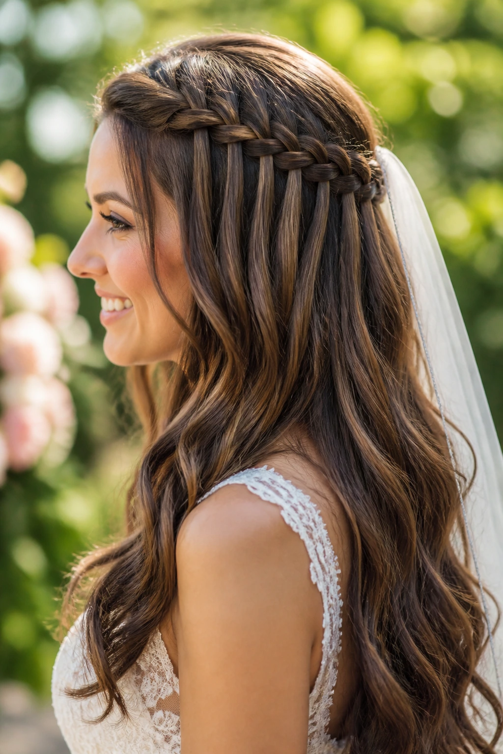 Bride with waterfall braid across crown and loose length hair outdoors