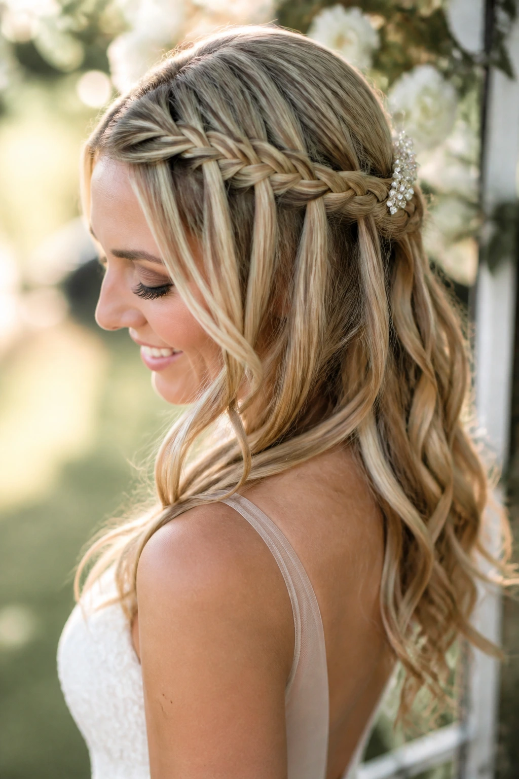 Close-up of a real woman with a waterfall braid and cascading ends