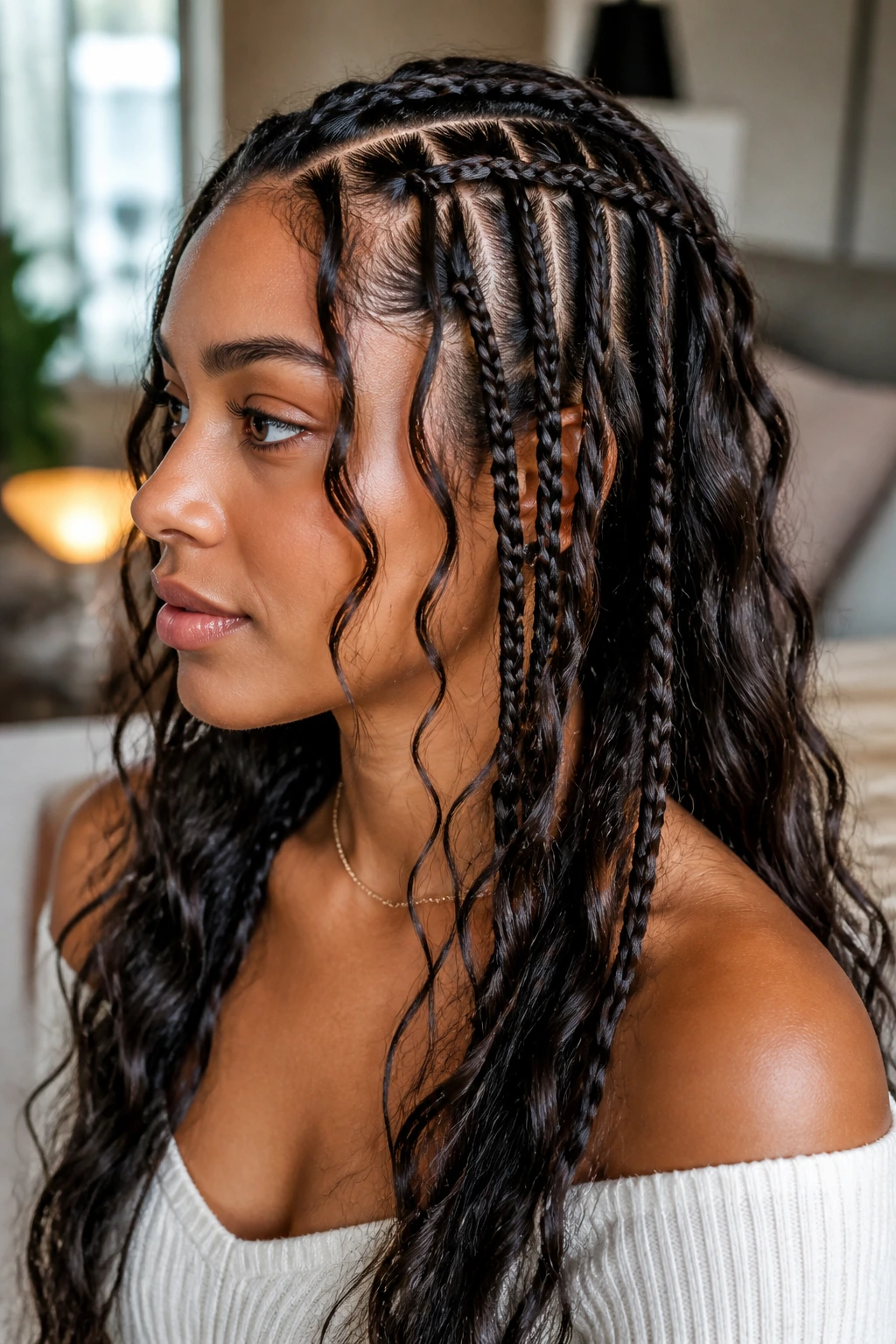 Close-up of a real woman with waterfall braids and loose waves framing her face in a softly lit room