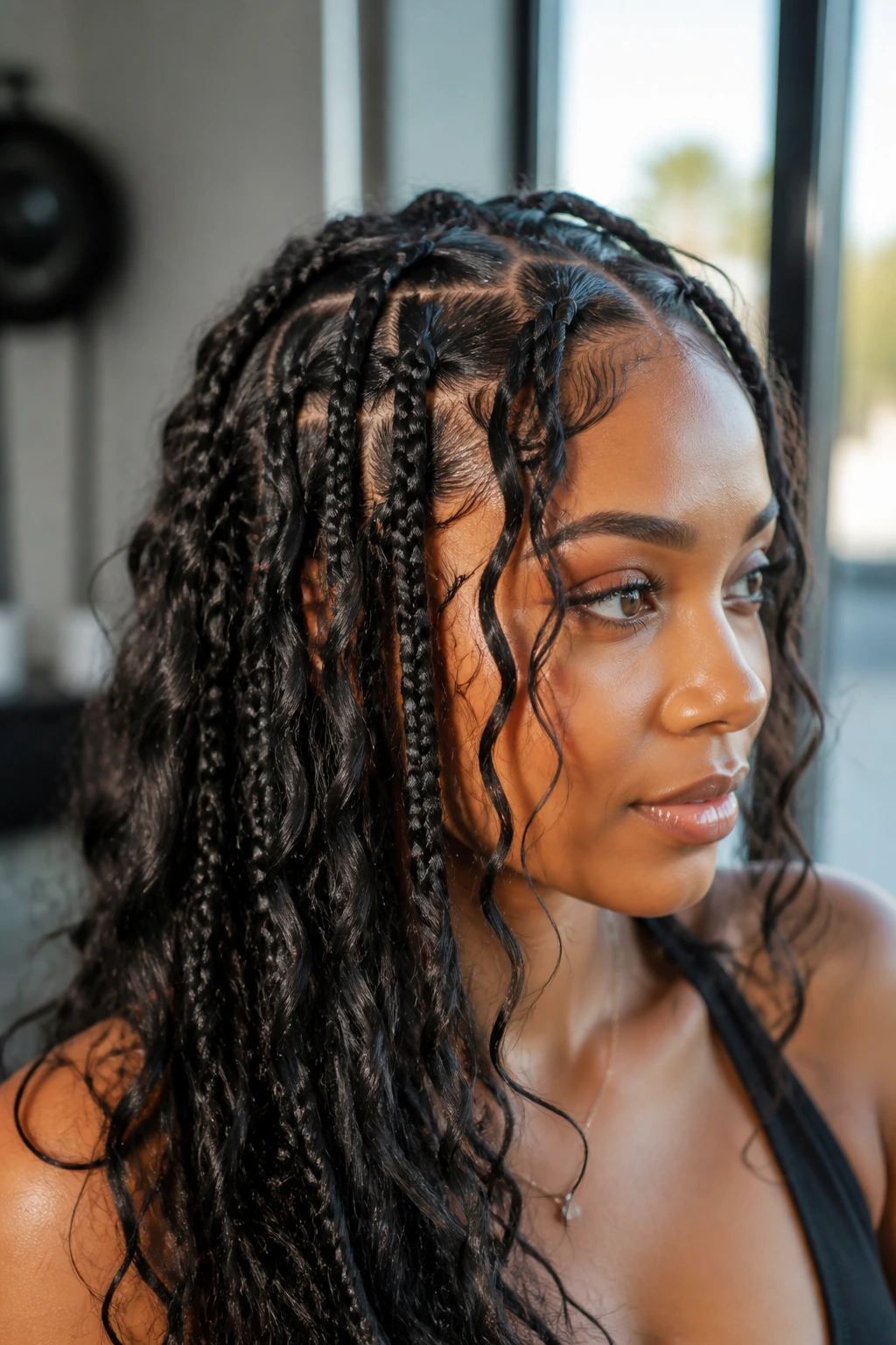 Close-up of a real woman with waterfall braids and loose wave sections