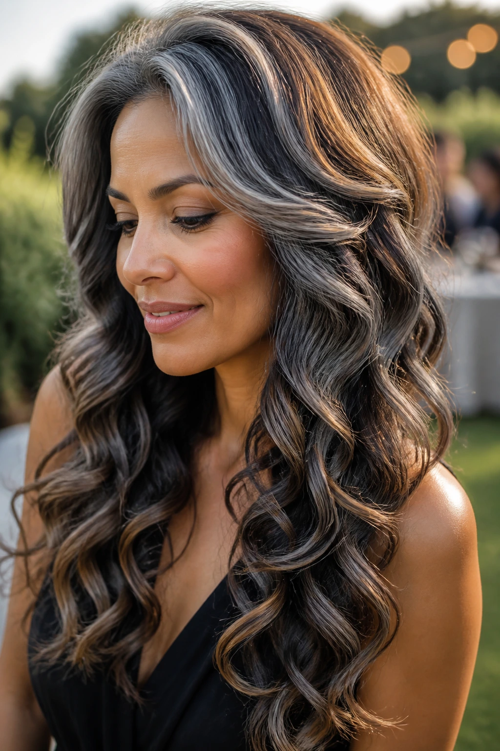 Real woman with waterfall curls and caramel halo around crown.