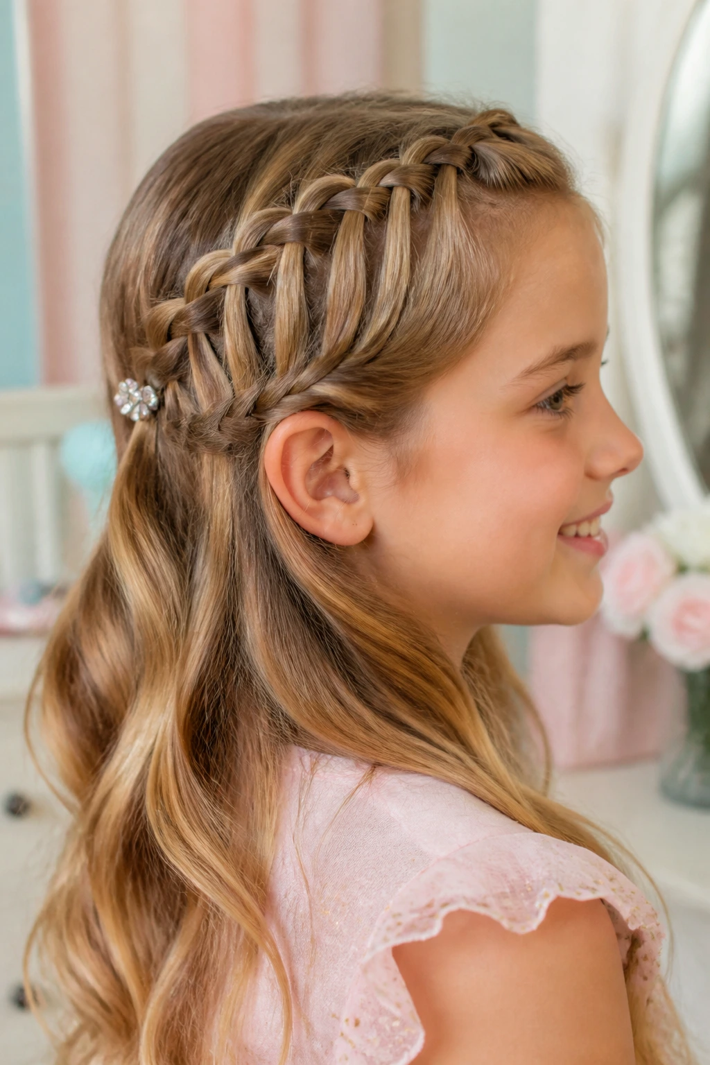 Close-up of a waterfall fishtail across the crown for dress-up days