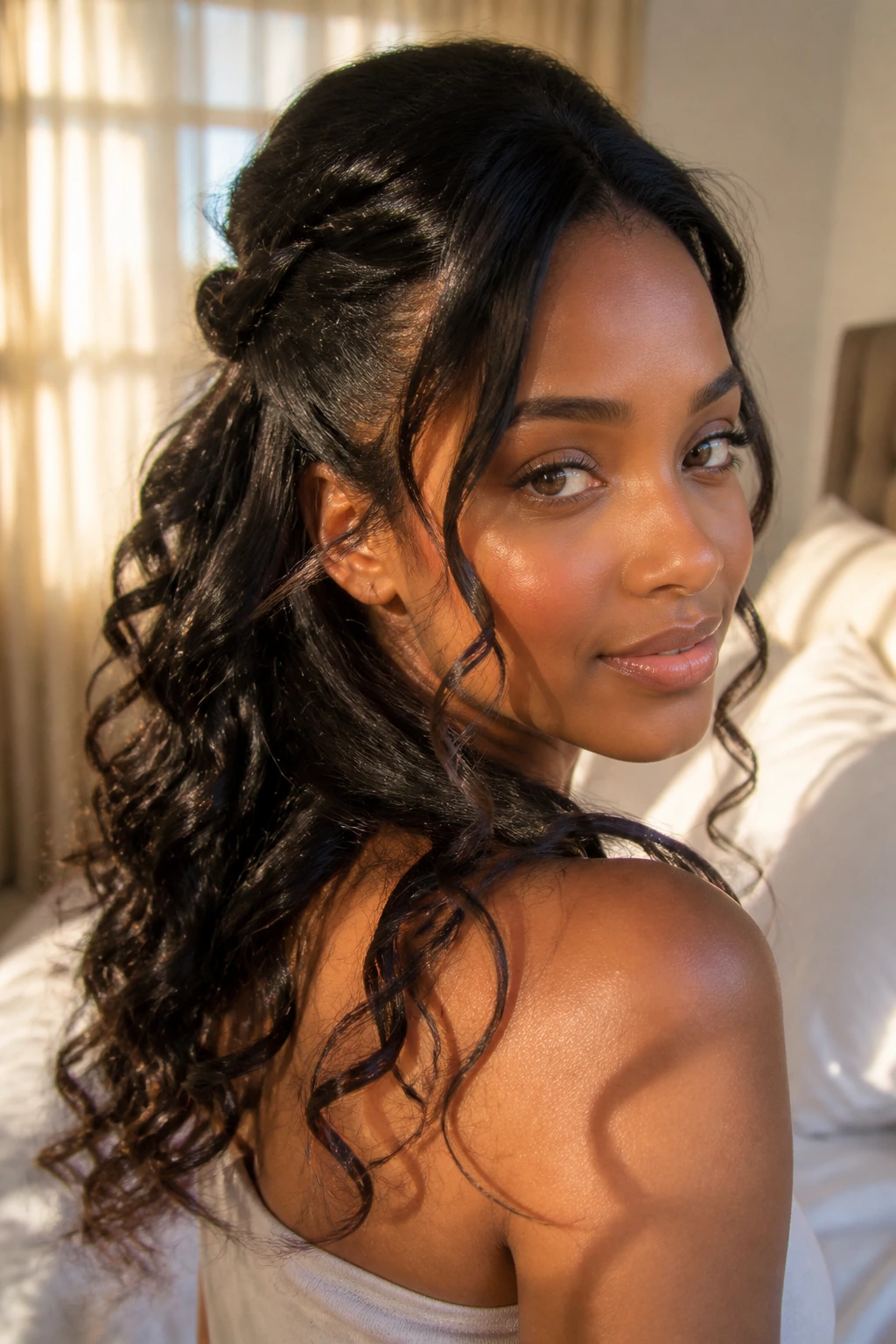 Portrait of a real woman with waterfall half-up hairstyle in sunlit bedroom