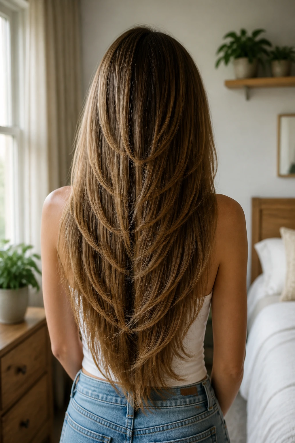 Back of head showing waterfall layers cascading down the back of straight hair
