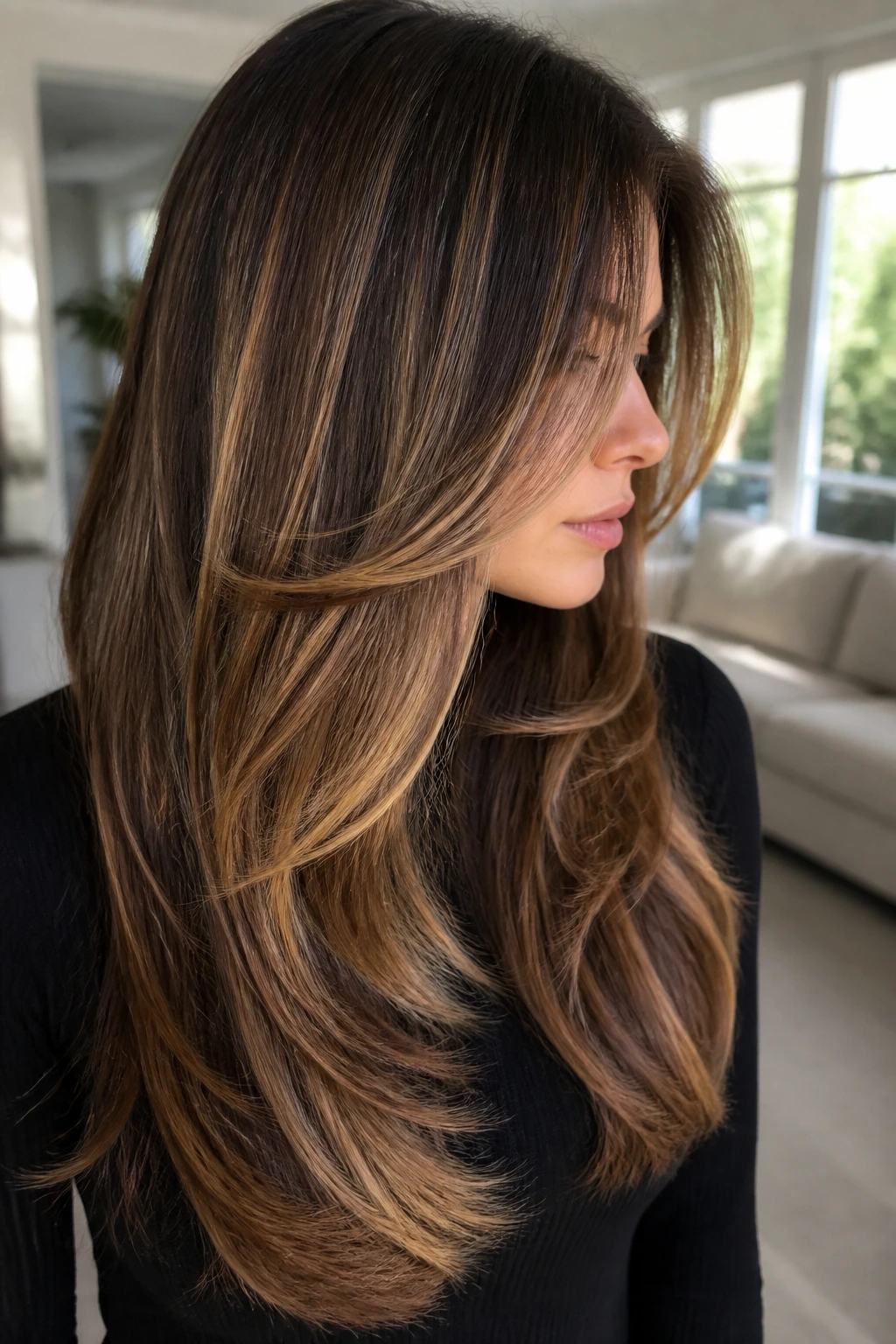 Portrait of woman with waterfall layers and caramel highlights