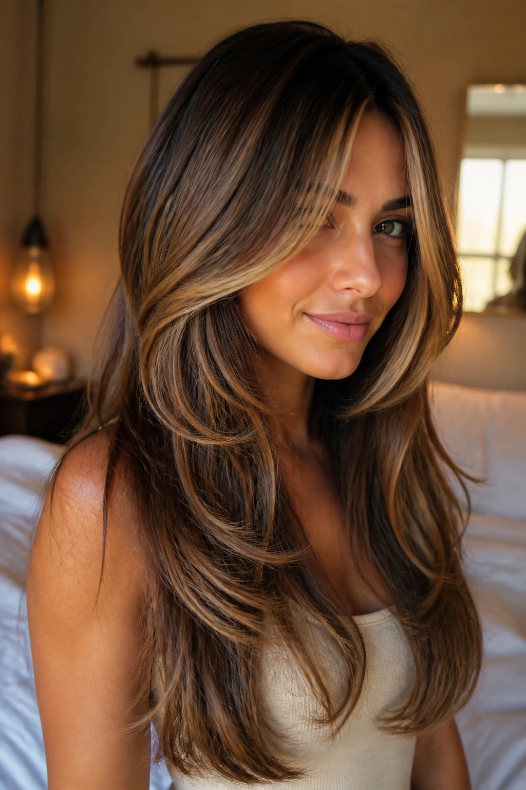 Close-up of a real woman with waterfall layers and warm caramel contour around the face