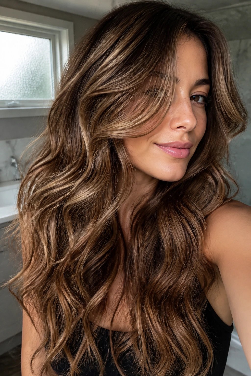 Close-up of a real woman with waterfall layers and cinnamon lowlights