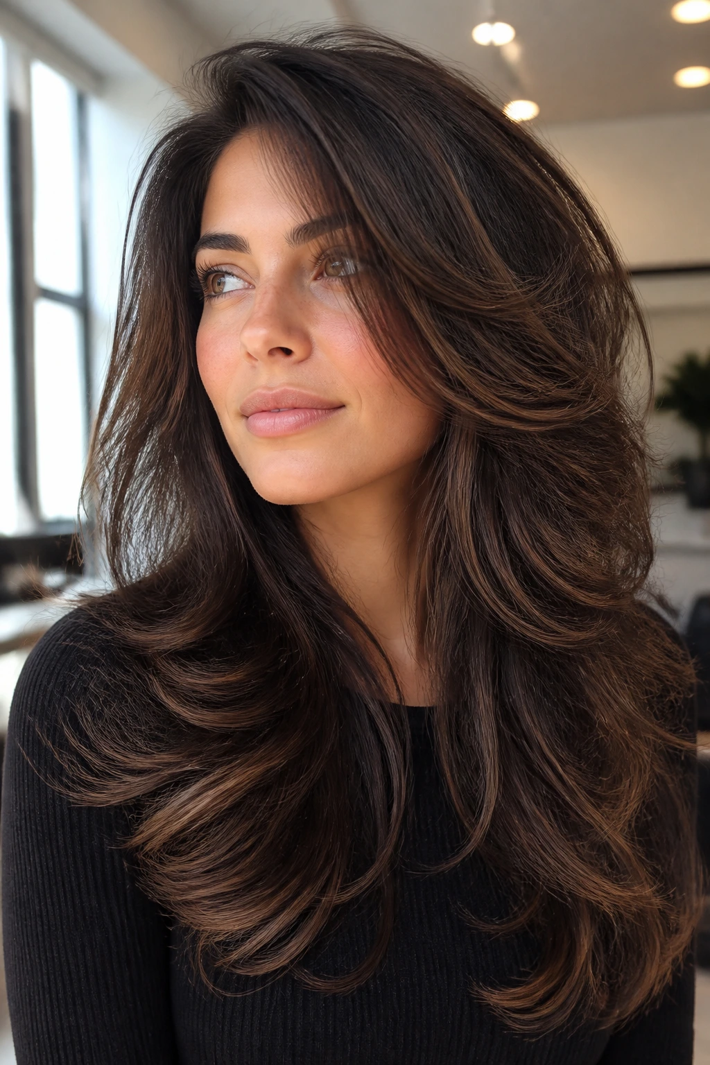 Close-up of a real woman with dense hair showing waterfall layers in natural light