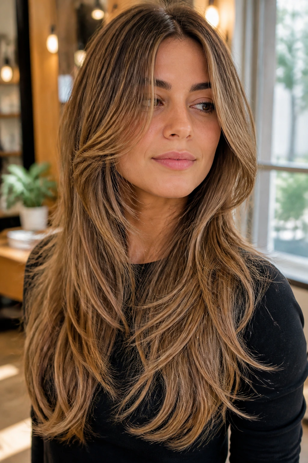 Close-up of a real woman with waterfall layers on fine hair in a softly lit salon window setting