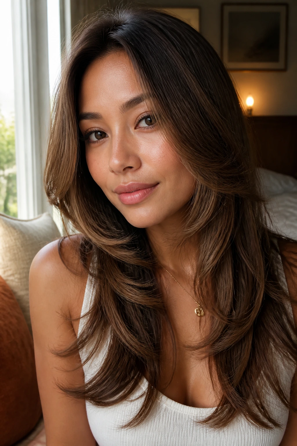Close-up of a woman with waterfall layers framing the jawline in natural light