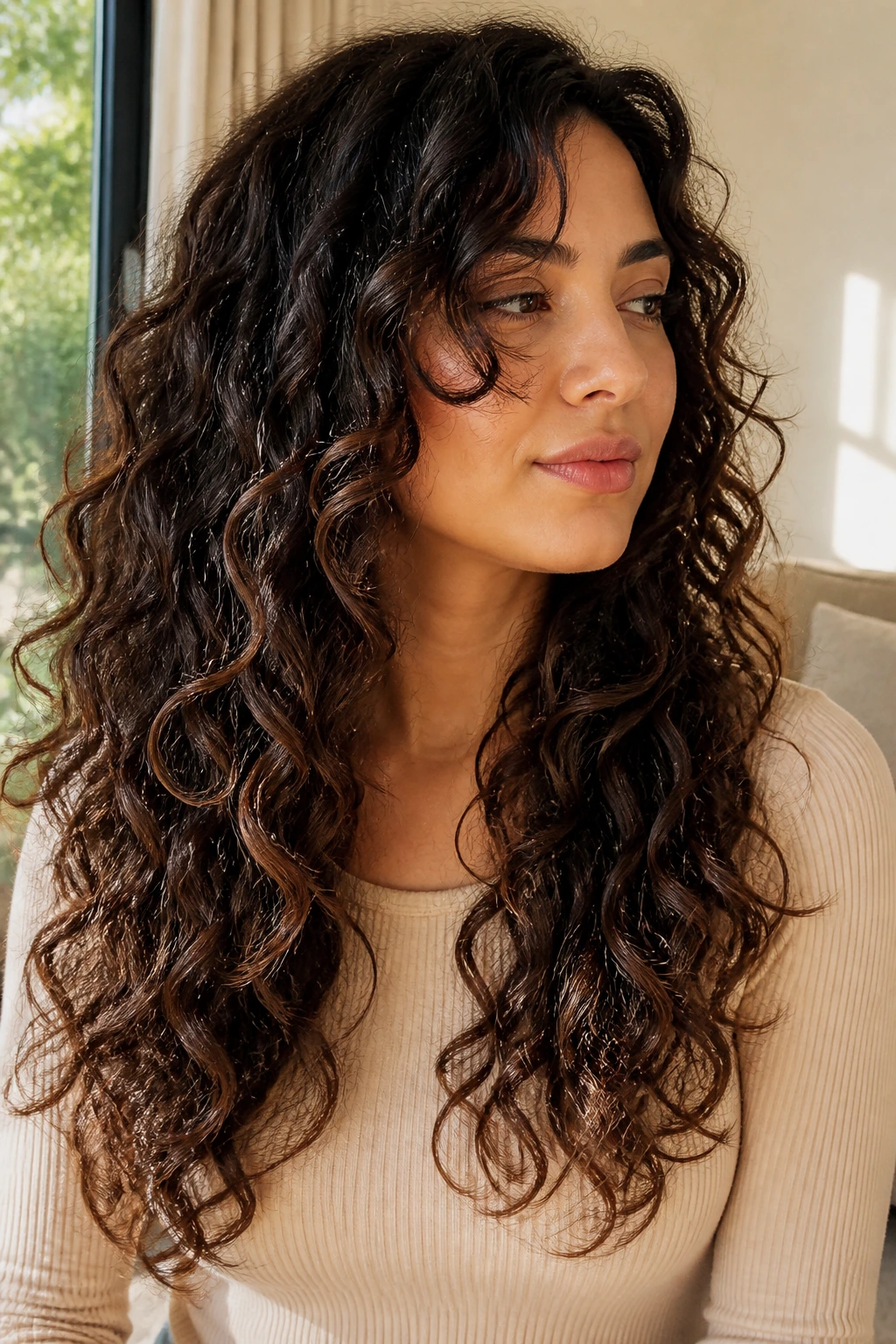 Portrait of a woman with long waterfall layers in curly hair.