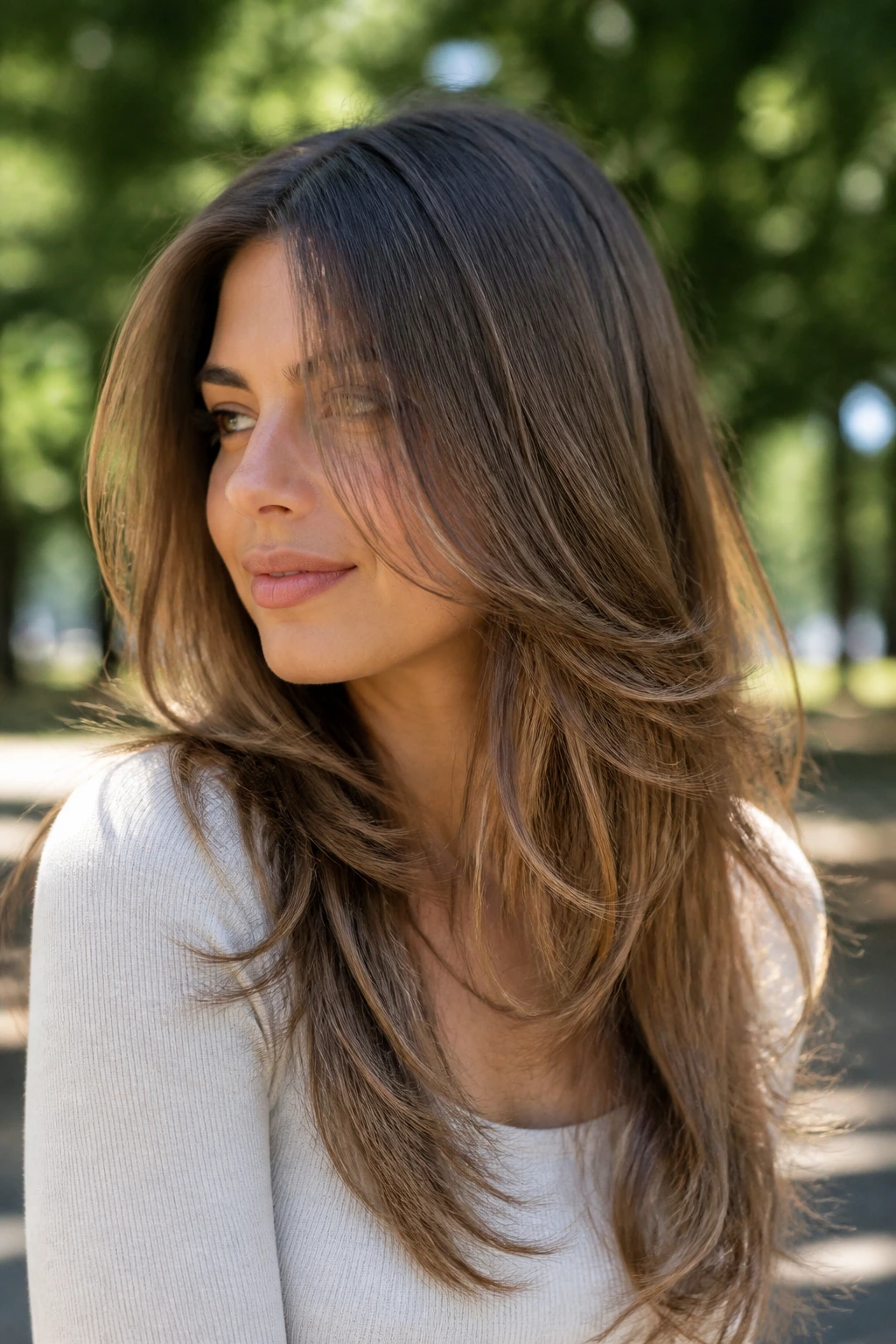 Portrait of a woman with waterfall layers creating graceful movement