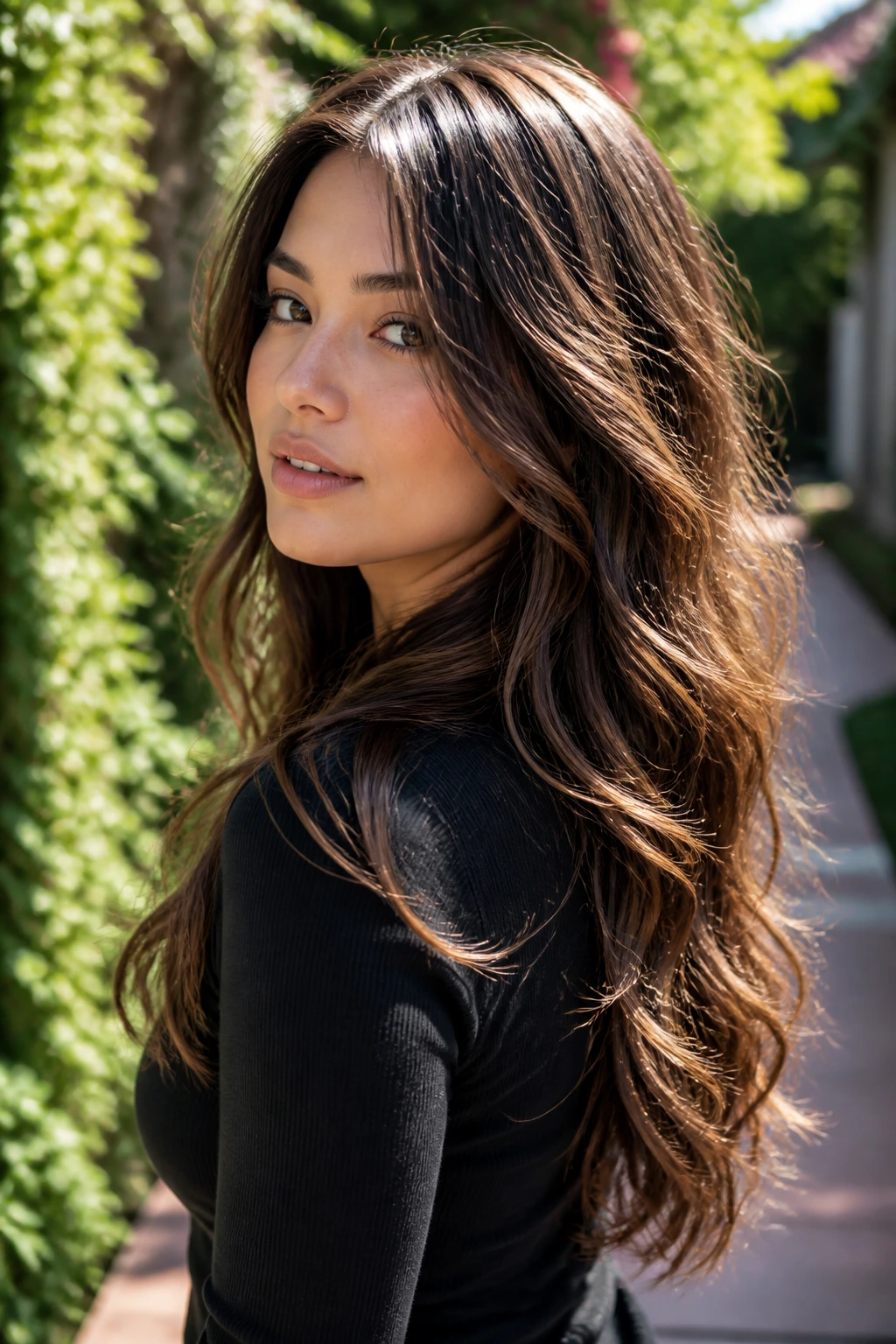 Portrait of a person with long waterfall layers cascading to mid-back